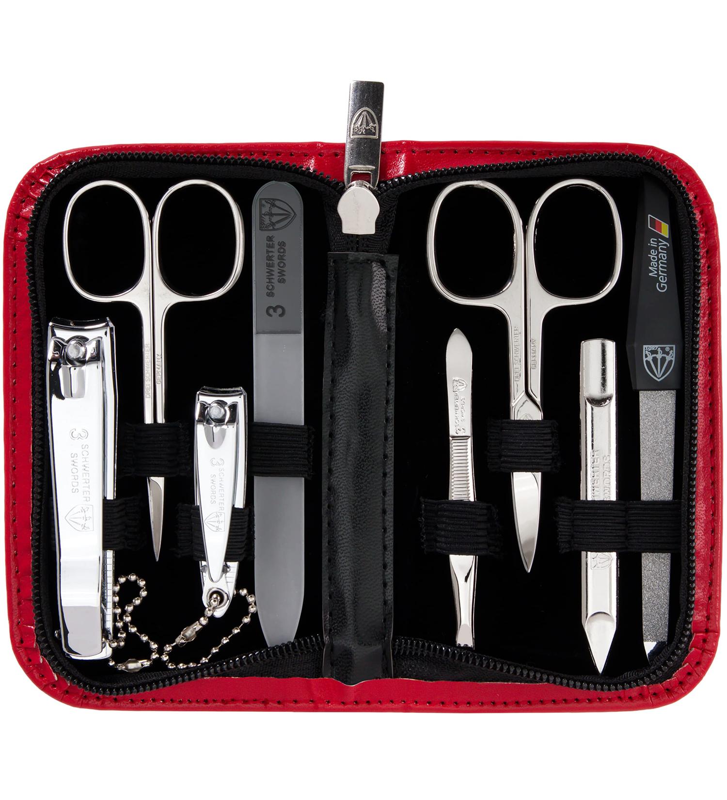 Three Swords 8 pcs Manicure Set 'Roma' | Premium Nail Care in Red Synthetic Leather Case | Scissors Clippers Tweezers & Glass Nail Files - Buy Online on SooperMarket.com