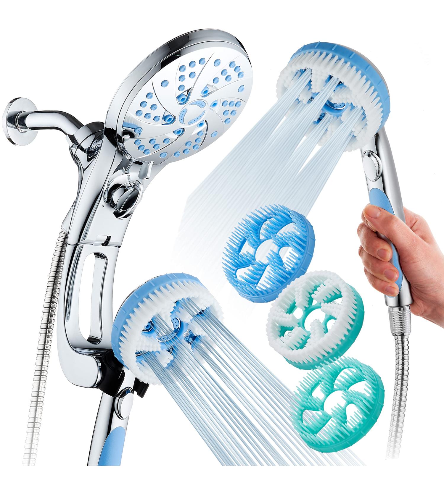 High Pressure 6-in-1 Aquassage by AquaCare - 76-mode Combo Showerhead with Hand Shower, Body Brush, Hair Brush & Arm in One! Stainless Steel Hose, Brush Holder - All-Chrome - Buy Online on SooperMarket.com