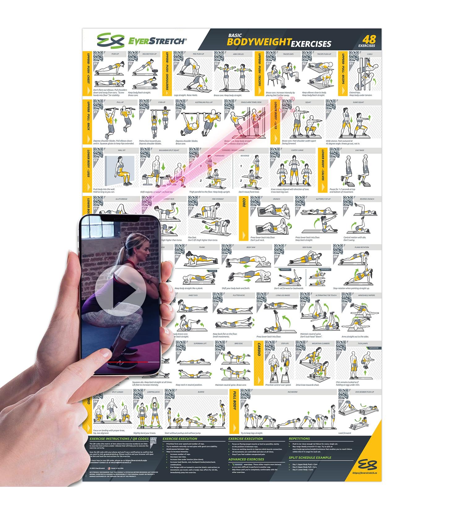 EverStretch Bodyweight Workout Poster - Large 23 x 35 | Video Instructions & Laminated Chart | Home Gym Exercise Poster - Buy Online on SooperMarket.com