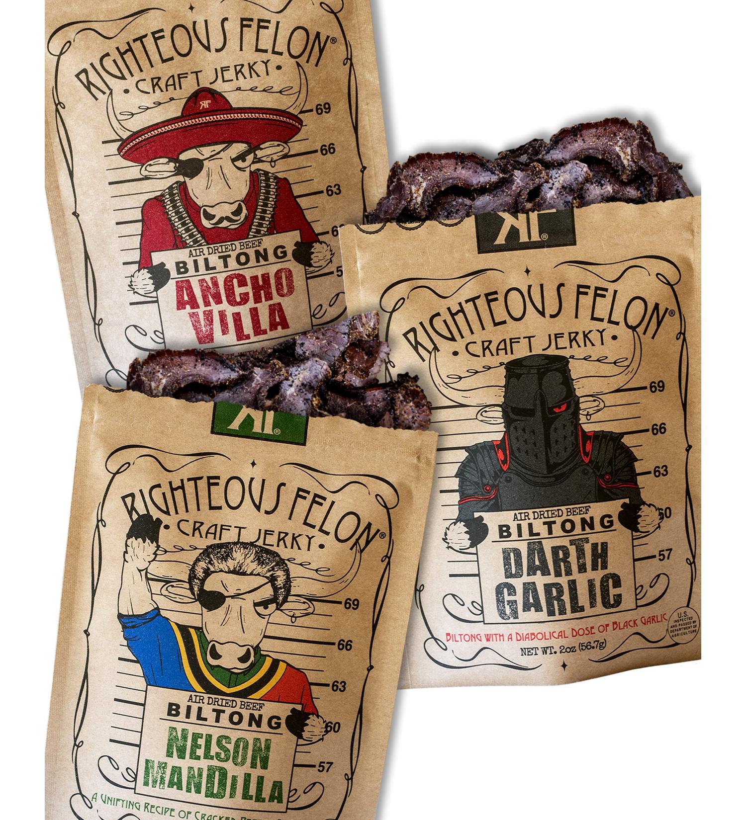 Righteous Felon Biltong Beef Jerky Variety Pack - Keto, Paleo, Gluten Free | High Protein, Hormone Free South African Style Snack - 3 Count (2oz bags) - Buy Online on SooperMarket.com