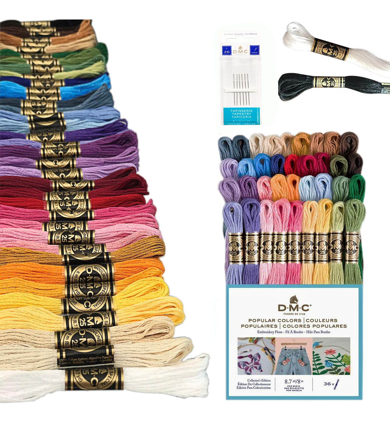 DMC Embroidery Floss Pack - 36 Popular Colors Bundle with Cotton White/Black Thread & Cross Stitch Needles - Buy Online on SooperMarket.com