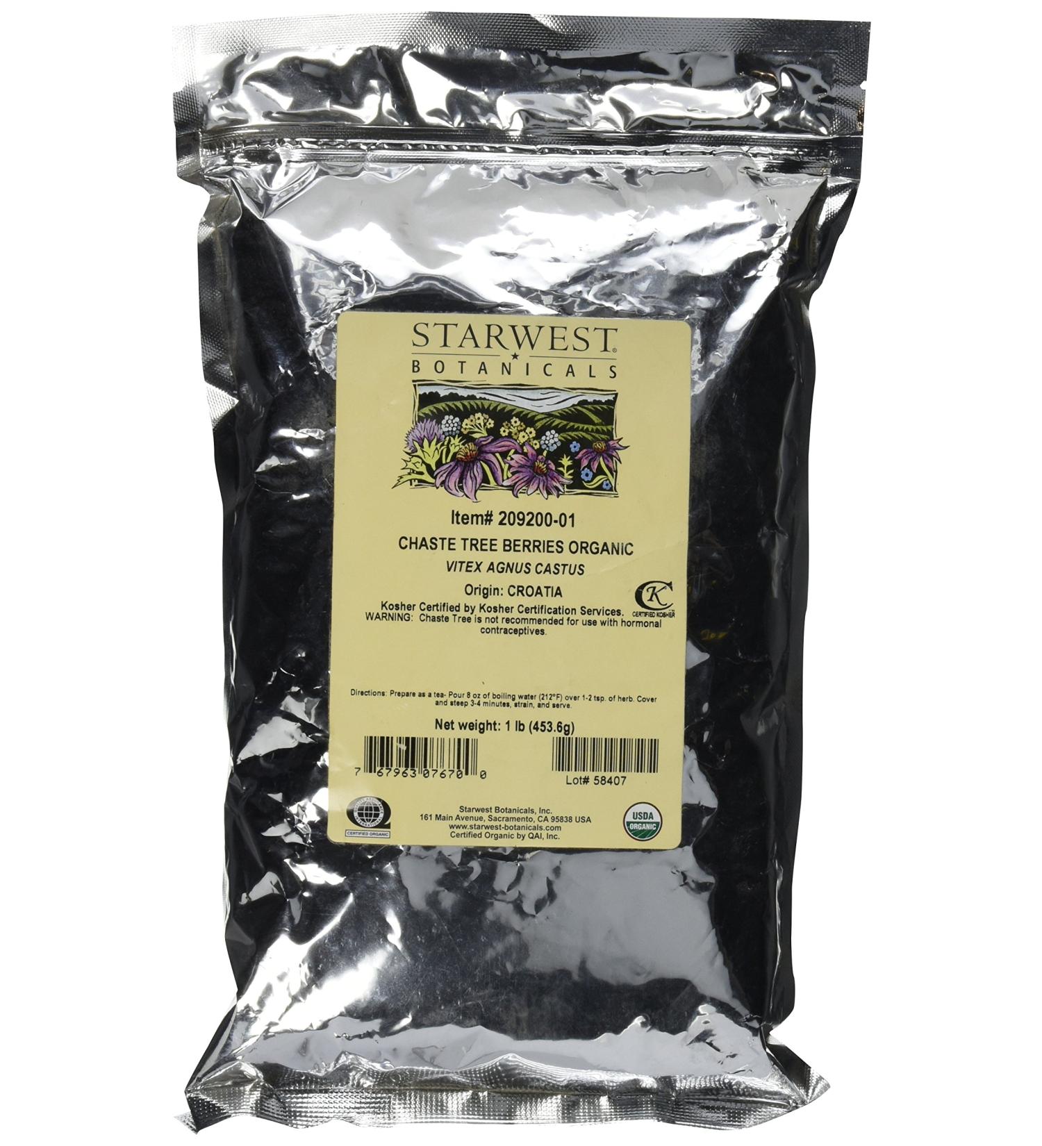 Starwest Botanicals Organic Chaste Tree Berries Whole, 1 Lb