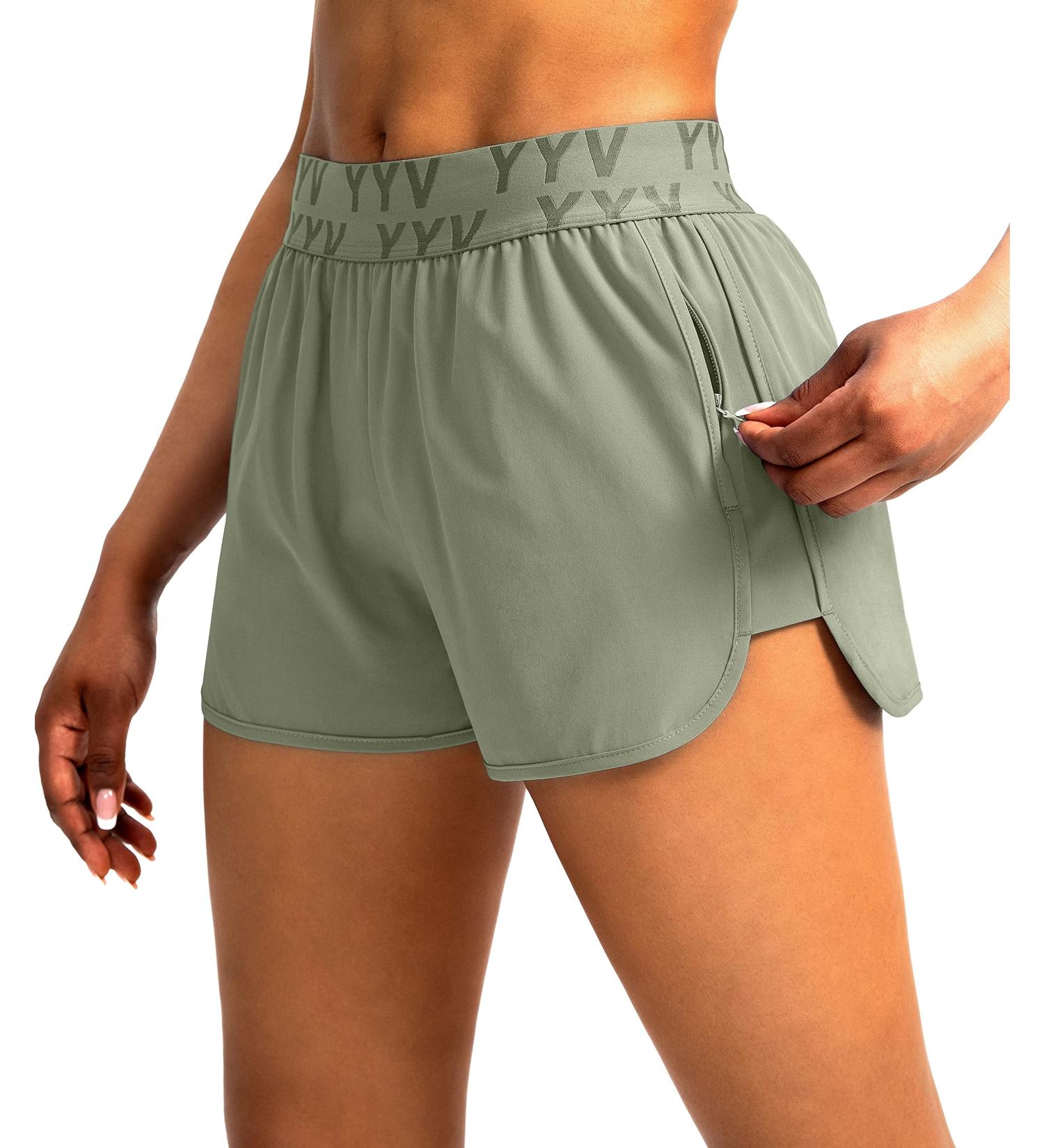 YYV Women's Running Shorts with Zipper Pockets - Quick-Dry Athletic Gym Shorts - Grey Sage, Medium - Buy Online on SooperMarket.com