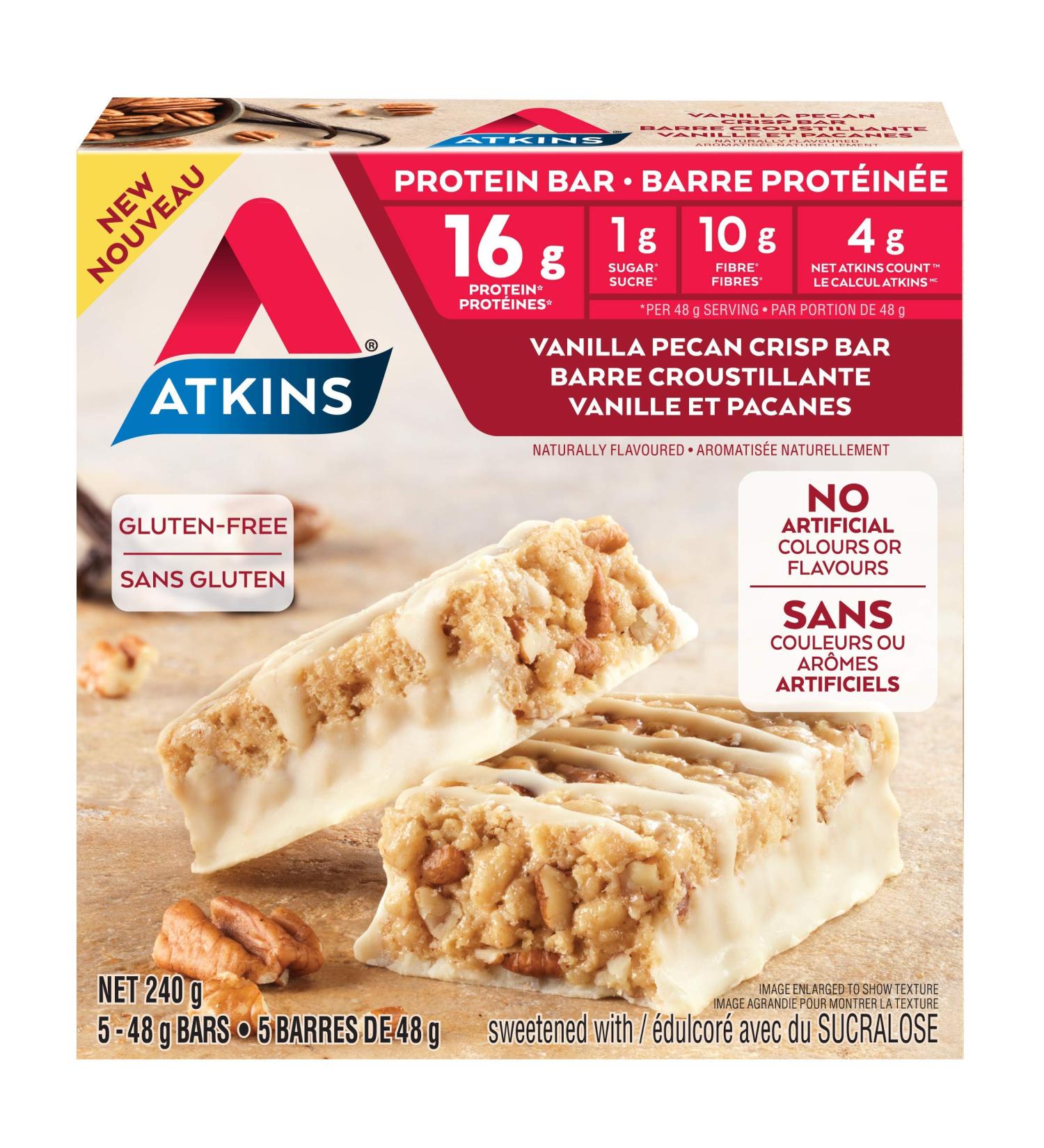 Atkins Protein Bars - Vanilla Pecan Crisp Low Sugar Keto Friendly High Protein High Fibre 1g Sugar 4g Carbs 5ct - Buy Online on SooperMarket.com