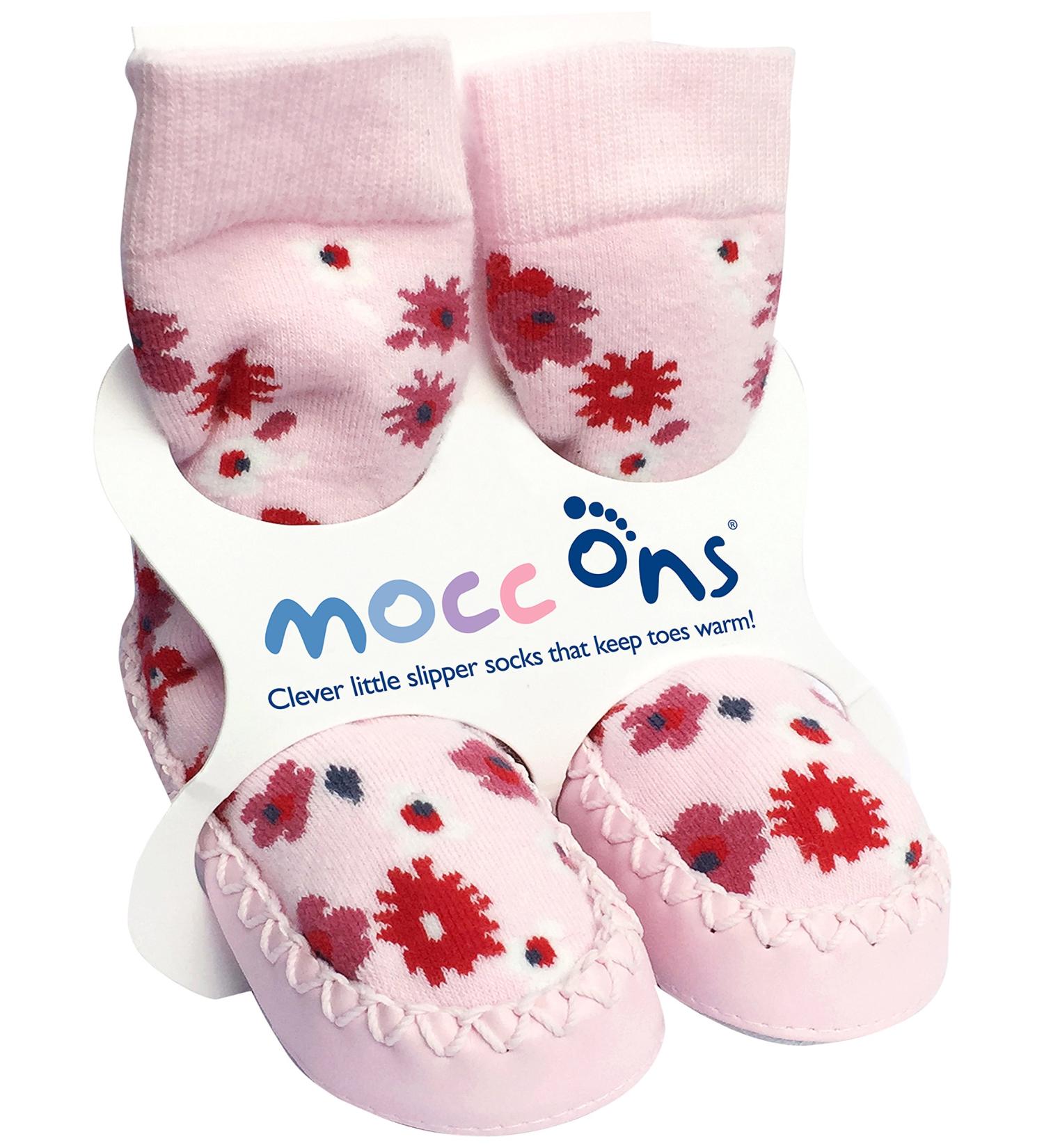 Mocc Ons moccasin washable leather sole slipper socks (24-36 Months Floral Ditsy) 2-3 Years