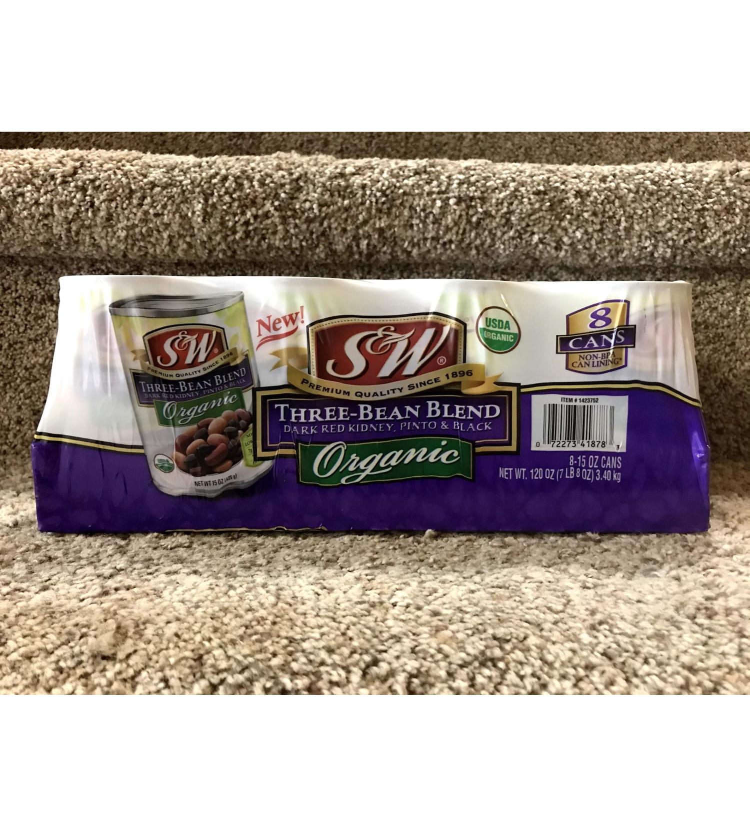 S&W Organic Three Bean Blend: Dark Red Kidney, Pinto & Black Beans - 8 Pack of 15 oz Cans - Buy Online on SooperMarket.com