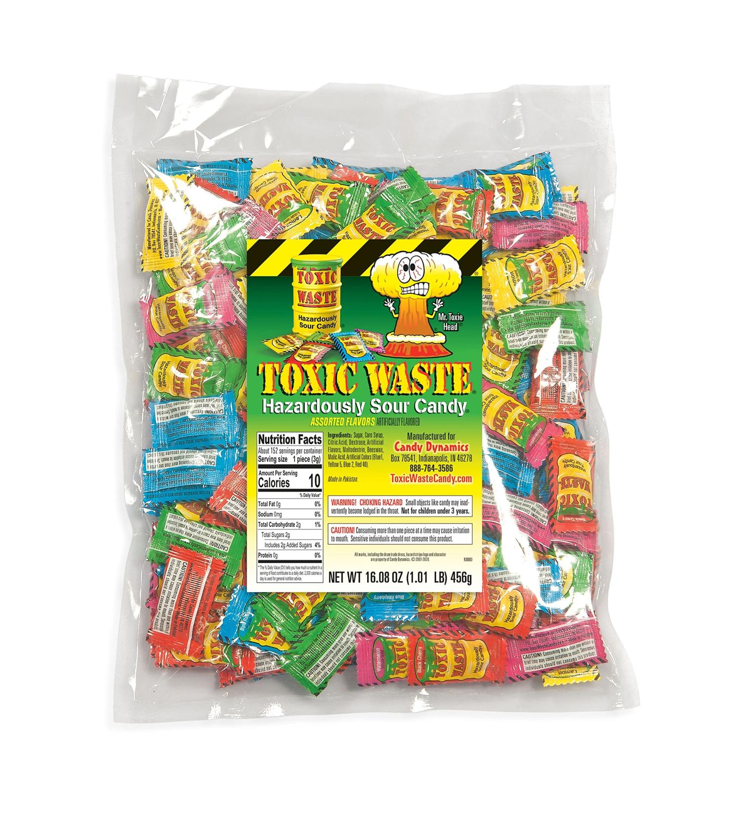 Toxic Waste 1lb Assorted Sour Candy Bag - 5 Flavors: Apple, Watermelon, Lemon, Blue Raspberry, Black Cherry - Buy Online on SooperMarket.com