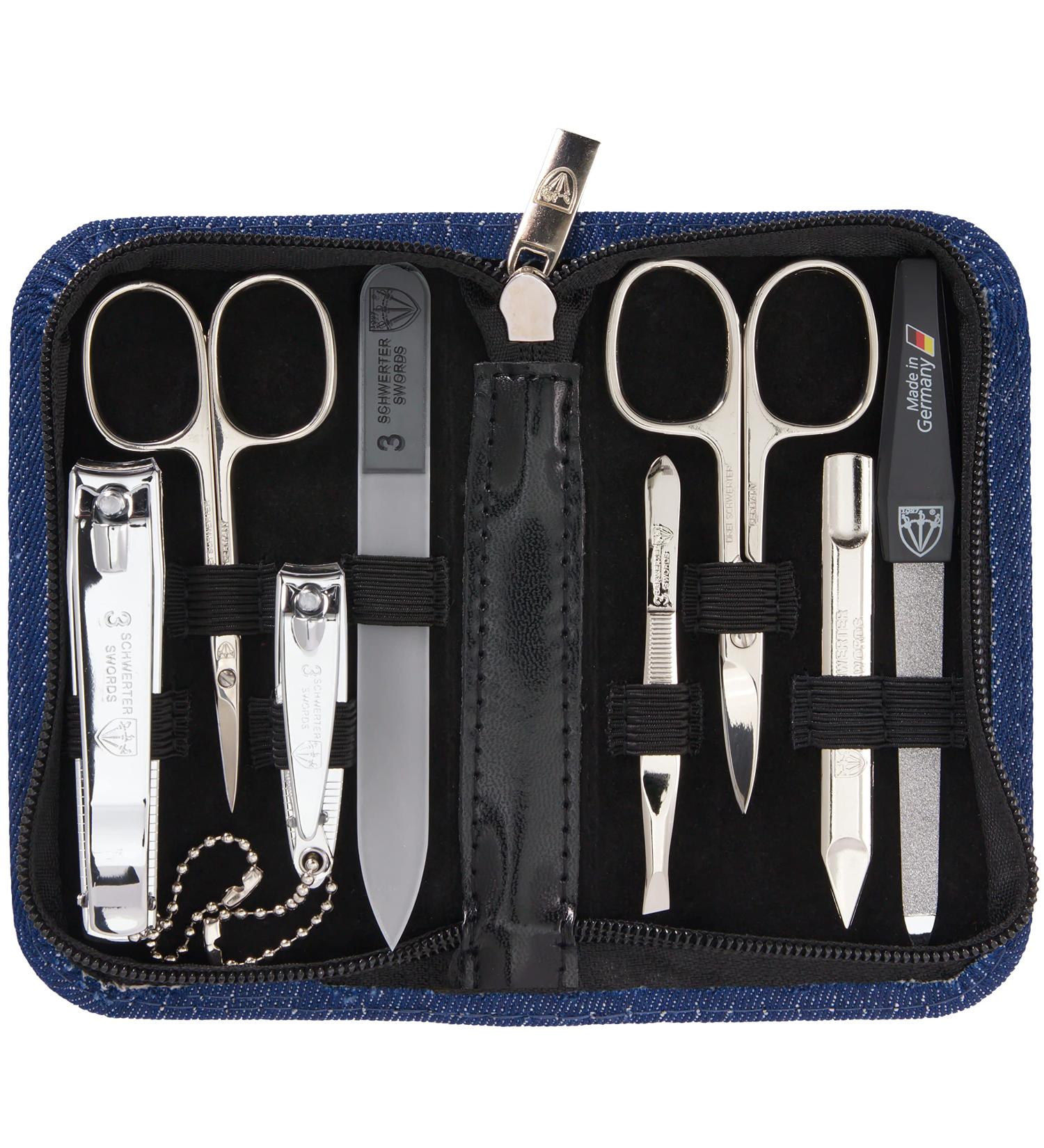 Buy Three Swords 8 pcs Manicure Set 'Roma' | High-Quality Nail Care Set in Blue Textile Etui | Includes Nail Scissors Foot & Nail Clippers Tweezers Glass & Sapphire Nail Files - Buy Online on SooperMarket.com
