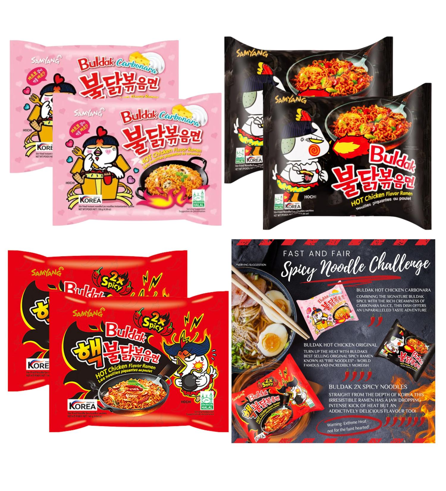 Ultimate Spicy Noodle Challenge Pack Samyang Buldak Variety Bundle with 2x Carbonara 2x Original Hot Chicken and 2x Nuclear Fire Double Spicy Noodles Korean Fire Noodle Challenge Kit - Buy Online on SooperMarket.com
