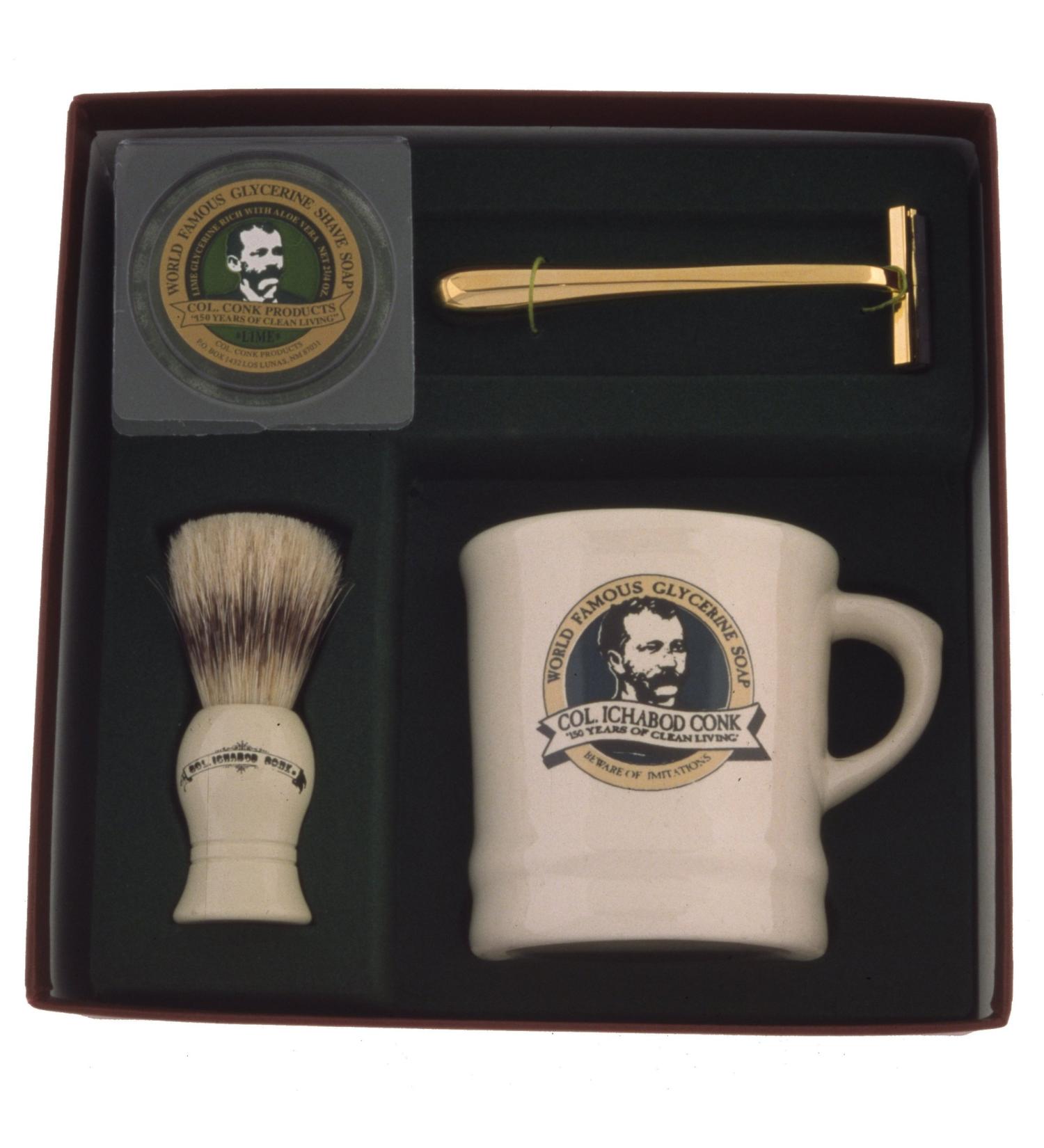 Colonel Conk Model 222 Mug Gold Tone Razor Mixed Badger Brush and Soap