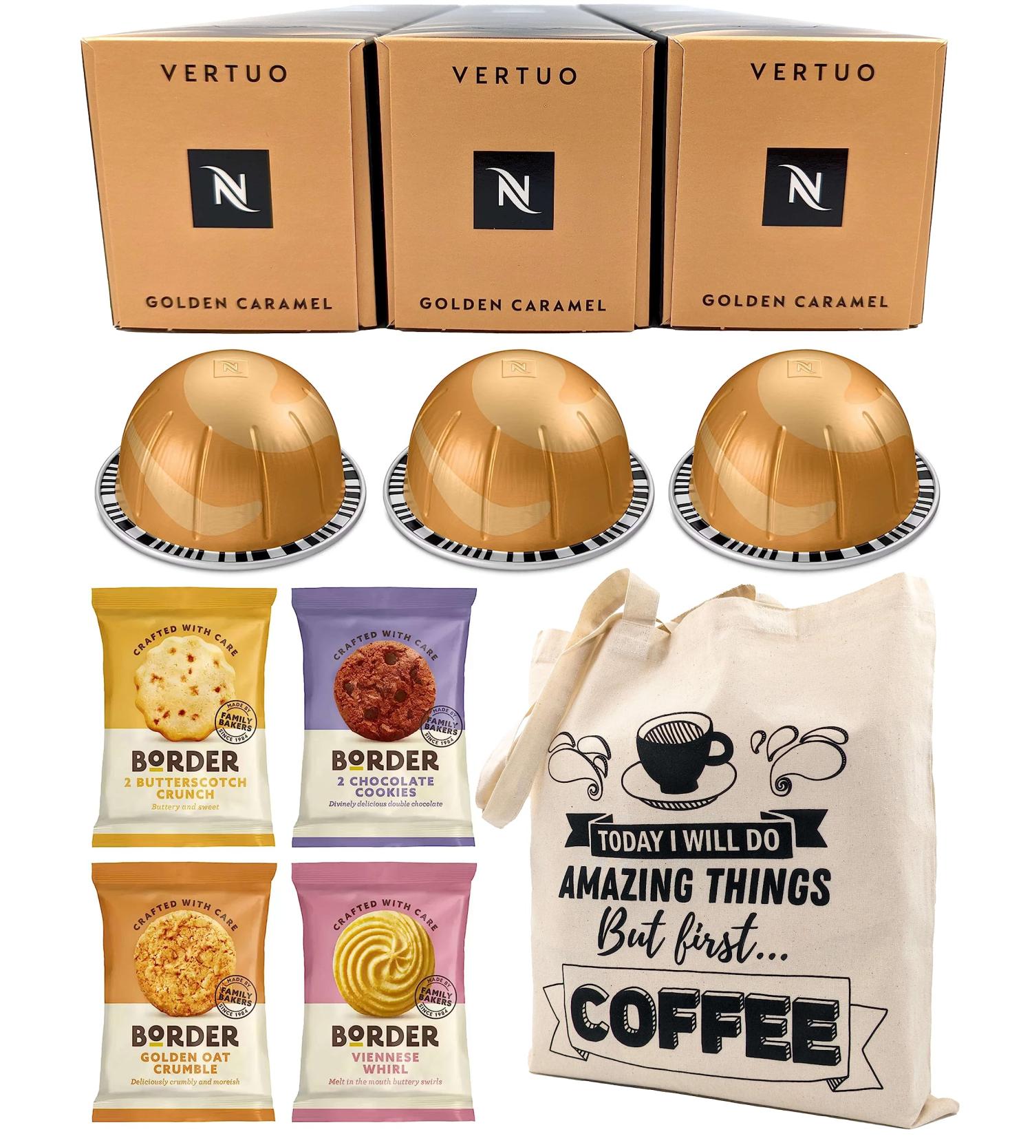 Nespresso Vertuo Golden Caramel Coffee Capsules - 3 Boxes (30 Pods) Bundled with Border Biscuits Selection & Giftable Tote Bag - Buy Online on SooperMarket.com