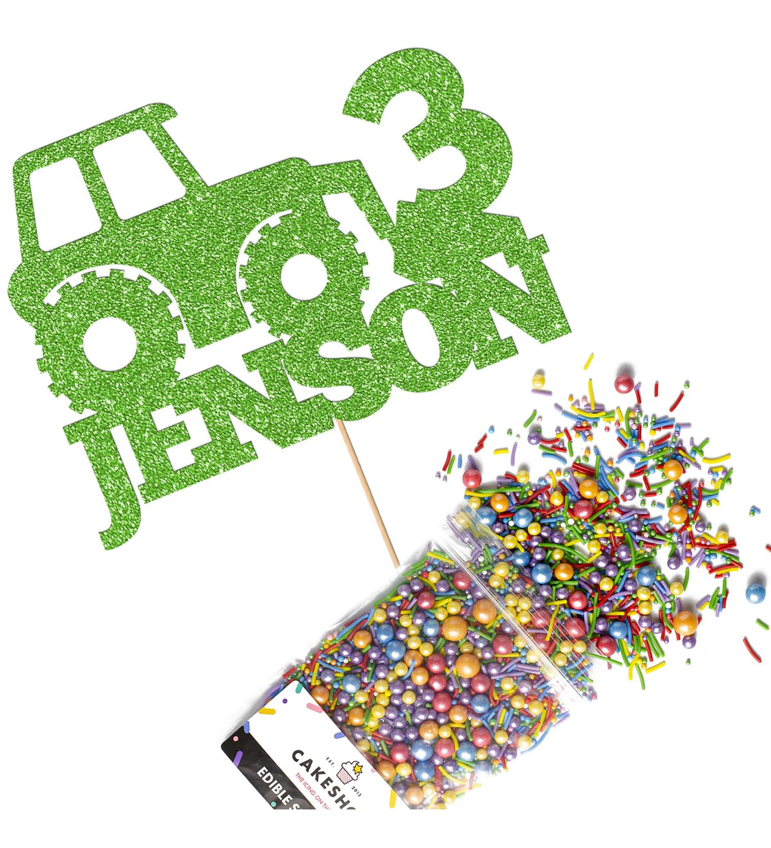Cakeshop Cake Decoration Pack | Digger Tractor Premium Double Sided Glitter Card Cake Topper Sign & 25g Party Pack of Cake Sugar Sprinkles | Custom Name & Age Cake Decorations (Green) Non-Prime Glitter Card: Green - Buy Online on SooperMarket.com