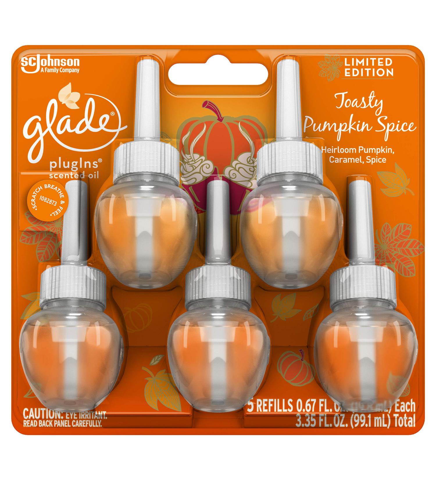 Glade PlugIns Scented Oil Air Freshener Refill 5 CT | Toasty Pumpkin Spice Scent - 0.67 Ounce Each | 3.35 FL. OZ. Total - Limited Edition
