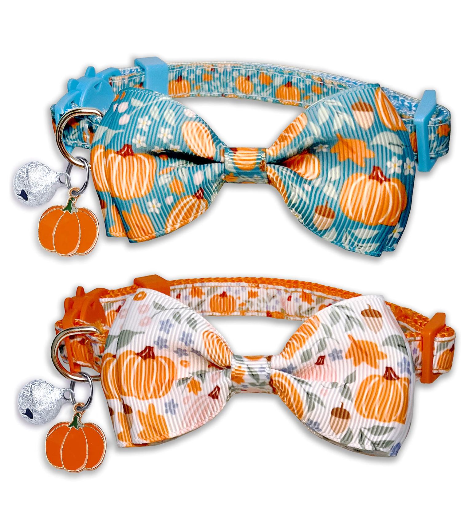 Fall Bow Tie Pumpkin Cat Collar Set with Bell | Autumn Thanksgiving Harvest Holiday Collar for Cats | Pumpkin Patch Design for Boys and Girls - Buy Online on SooperMarket.com