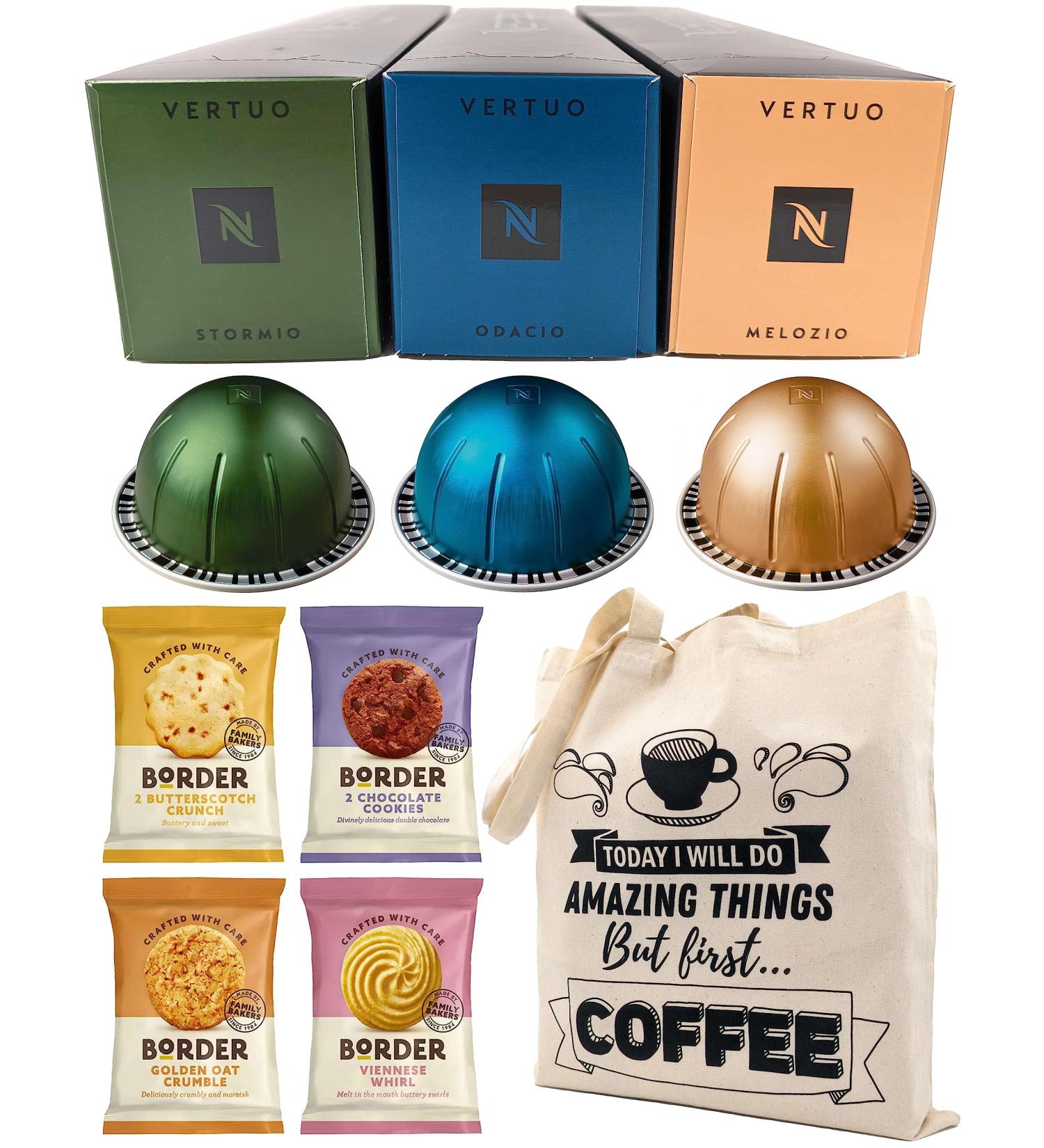 Nespresso Vertuo Coffee Capsules - Stormio Odacio Melozio - 3 Boxes (30 Pods) Bundled with Selection of Border Biscuits & Tote Gift Bag - Buy Online on SooperMarket.com