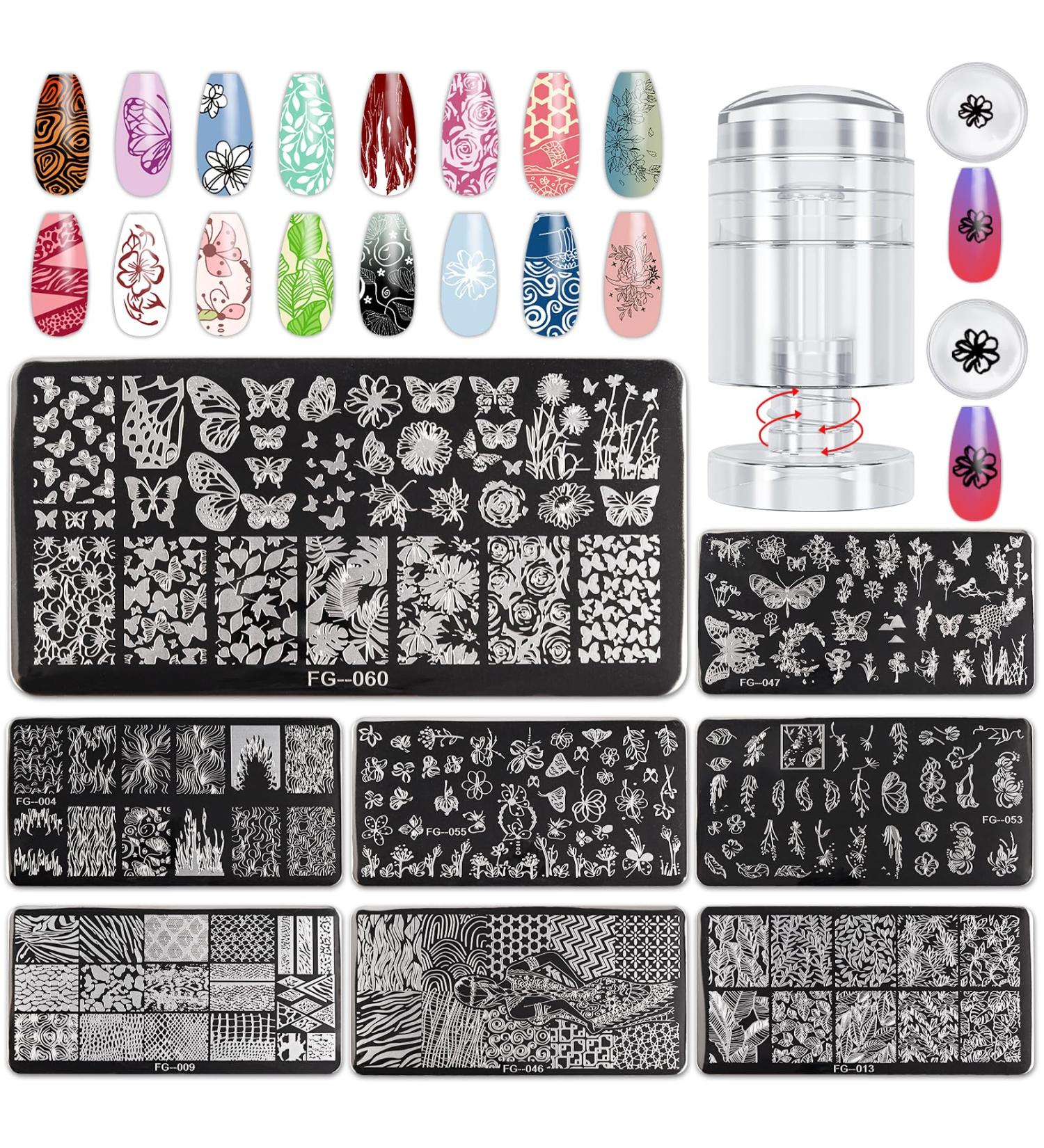 EBANKU 8 PCS Nail Stamping Plates Set - Flowers, Butterflies, Leaves & Ripples | DIY Nail Art Decoration Kit with Rotation Stamper & Scraper - Buy Online on SooperMarket.com