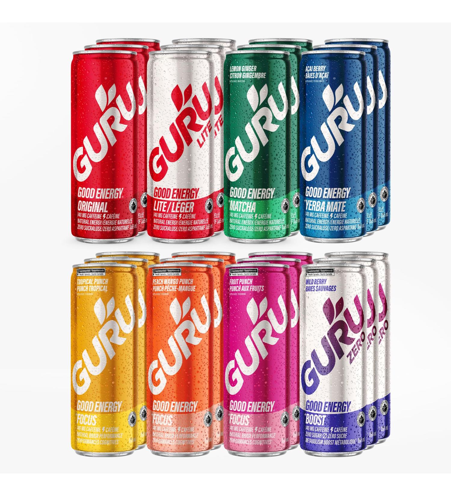 GURU Organic Energy Drink | Variety Pack 355ml | Feel Great and Stay Focused Longer with Plant-Based Energy Natural & Organic Ingredients Low Calories and Great Taste | (Pack of 24)  - Buy Online on SooperMarket.com