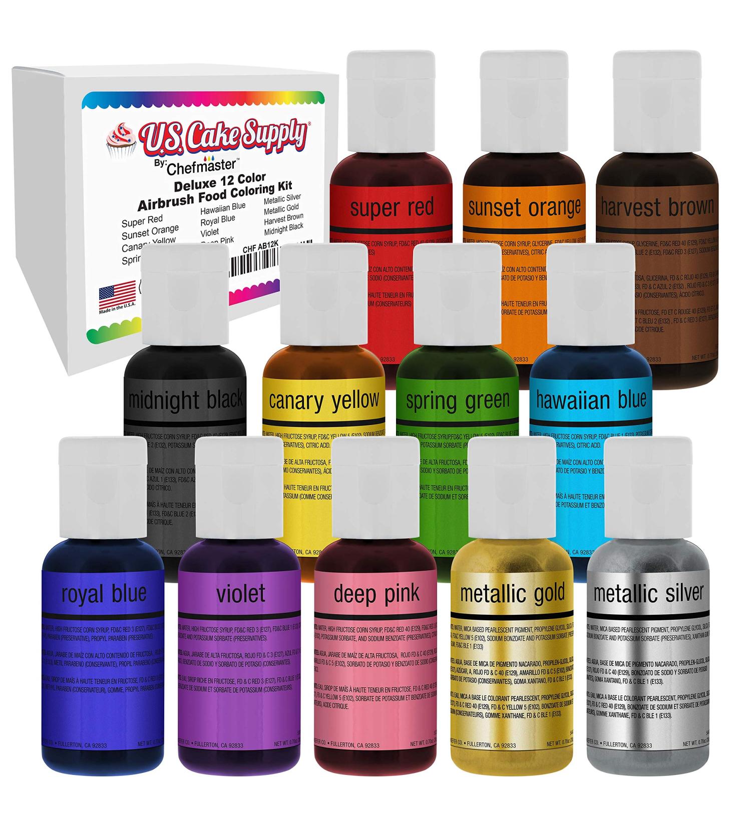 U.S. Cake Supply Airbrush Cake Color Set - 12 Popular Colors, 0.7 fl. oz. Bottles - Made in USA - Buy Online on SooperMarket.com
