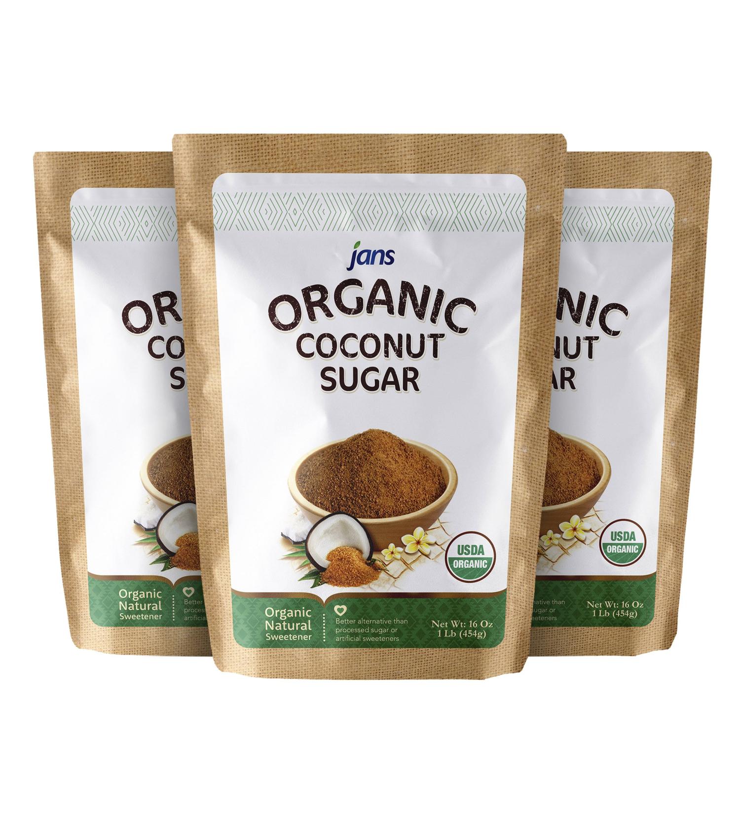 Jans Organic Coconut Sugar 48 oz (3 Pack) - Gluten-Free, Certified Organic, Non-GMO, Low Glycemic, Paleo & Vegan Friendly - Buy Online on SooperMarket.com