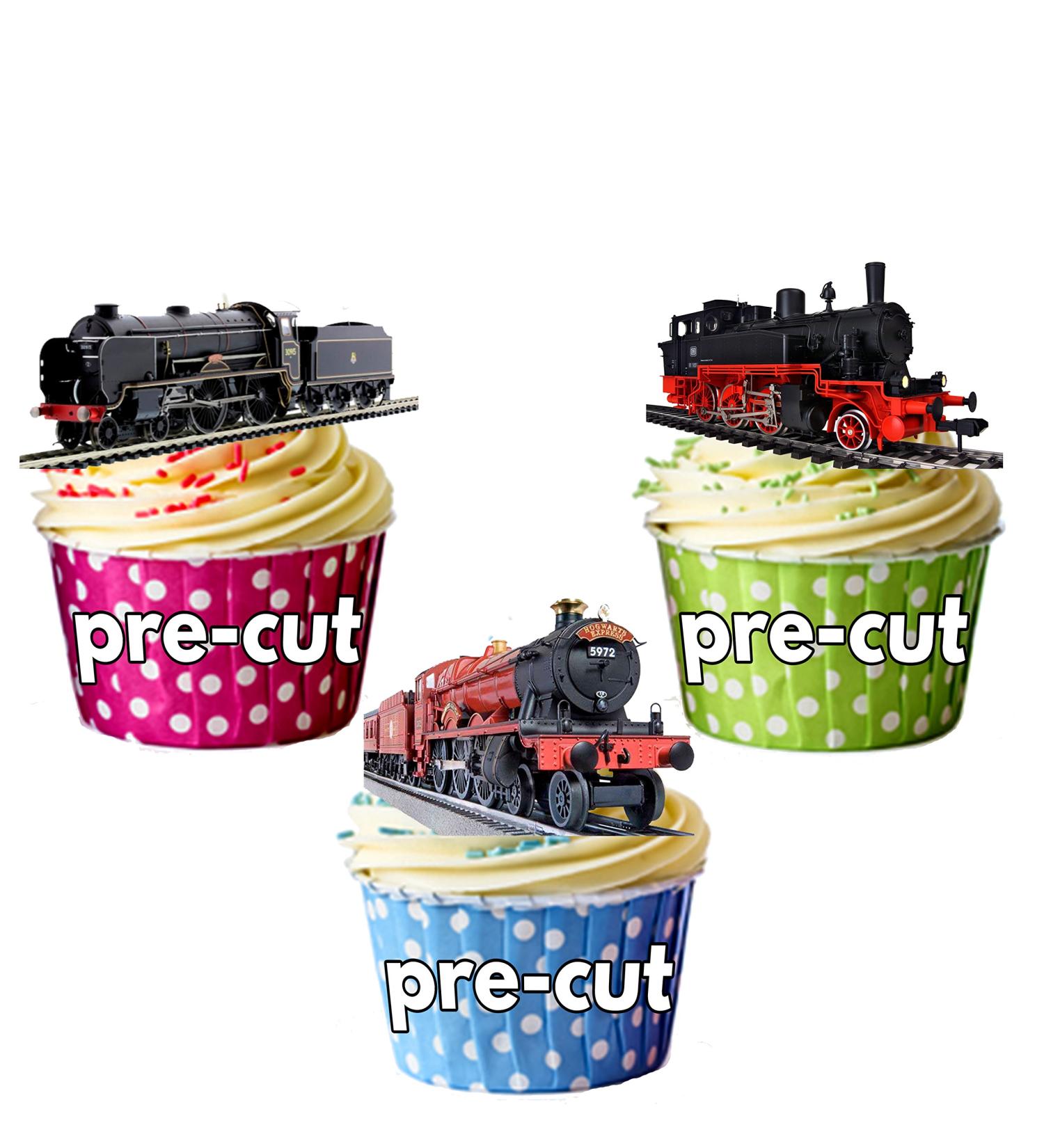 AK Giftshop Vintage Steam Engine Train Mix 3 Cake Decorations - 12 Edible Wafer Cup Cake Toppers