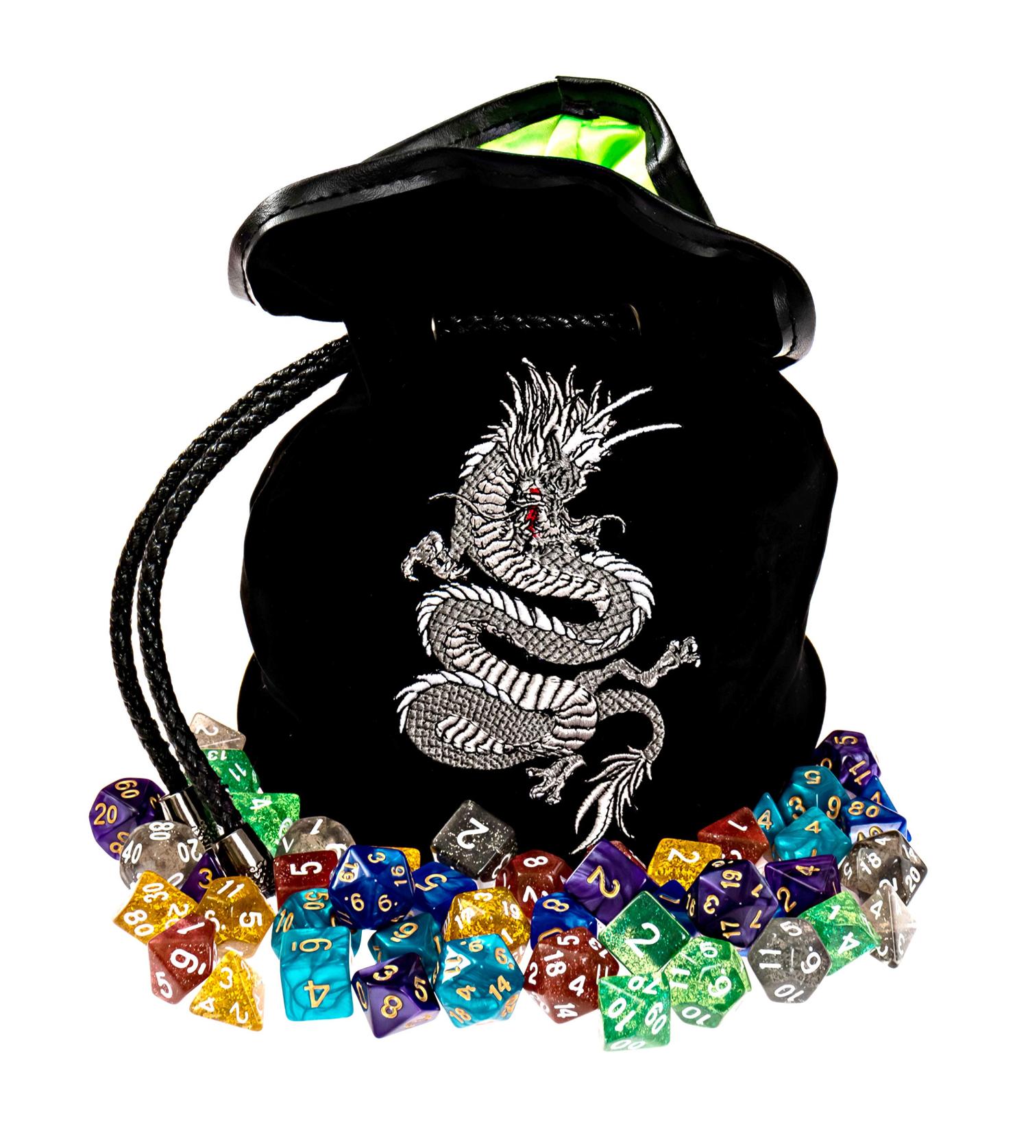 Large Dice Bag with 7 Complete Sets | Dragon DND Dice Bag & 49 Polyhedral Dice | Black Bag with Pockets - Buy Online on SooperMarket.com