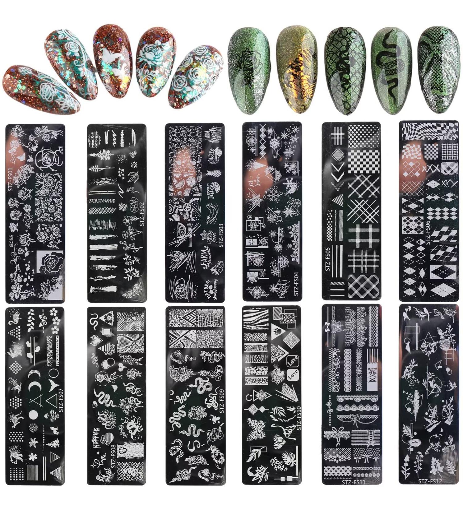 RUNRAYAY 12pcs Retro Theme Nail Stamping Plate Kit - Flower, Snake, Butterfly Patterns for Thanksgiving & Christmas Nail Design - DIY Print Manicure Salon - Buy Online on SooperMarket.com