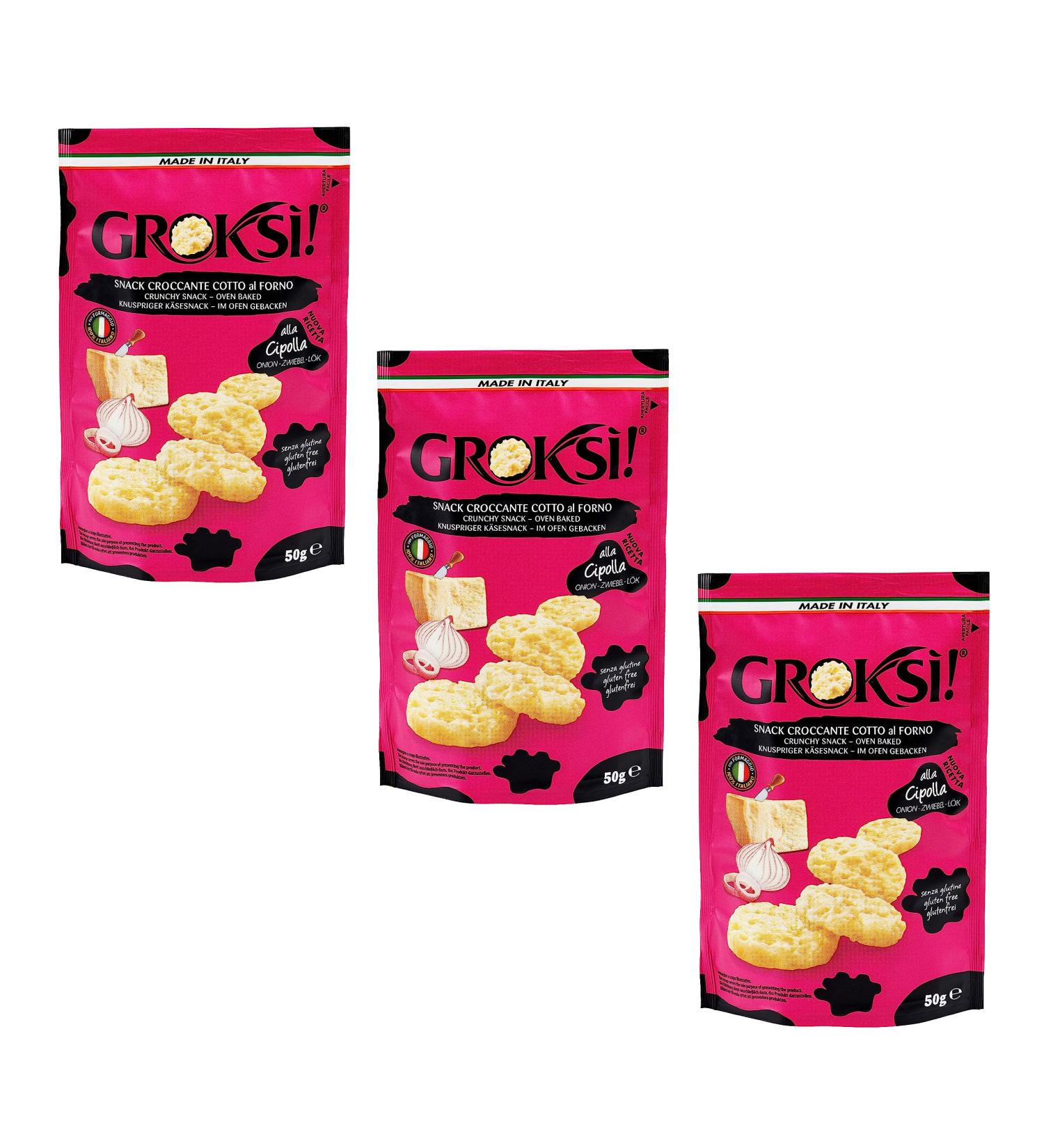 GROKSi! Cheese Onion 50g - Gluten-Free Crispy Cheese Snack from Italy | Hard Cheese Crackers & Protein Snack (3x50g) - Buy Online on SooperMarket.com