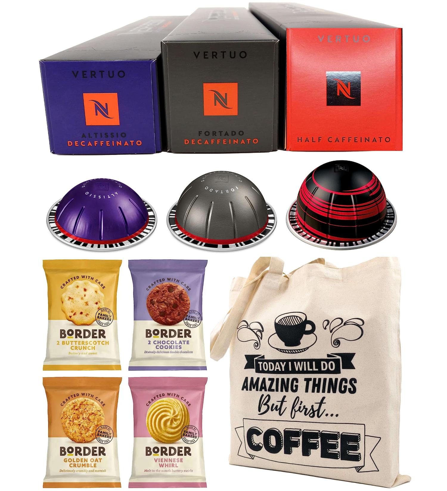 Nespresso Vertuo Coffee Capsules - Altissio Decaffeinato Fortado Decaf and Half Caffeinato 3 Boxes (30 Pods) Bundled with Border Biscuits Selection & Giftable Tote Bag - Buy Online on SooperMarket.com