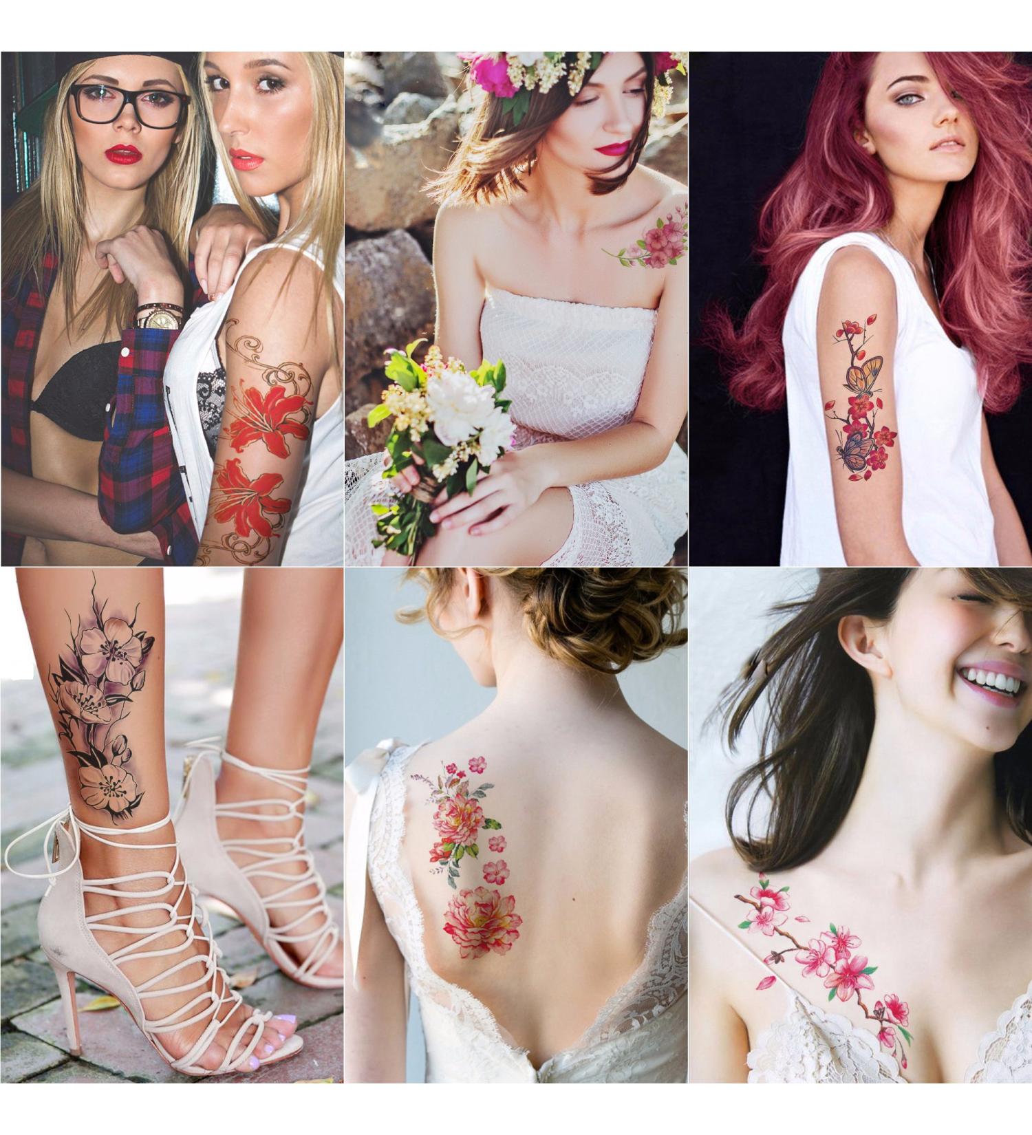 Large Temporary Flower Tattoos for Women - Lily, Peach, Plum, Peony Designs | 6 Sheets - Buy Online on SooperMarket.com