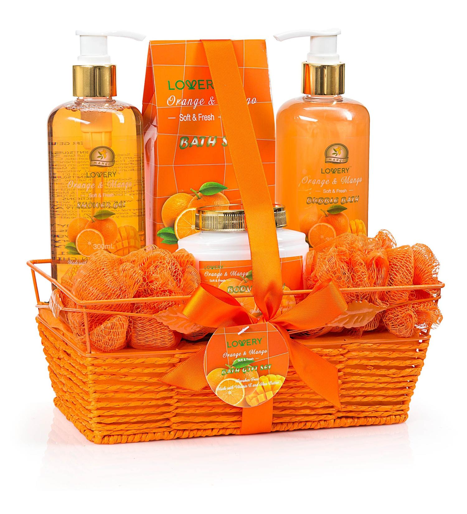 Home Spa Gift Basket - 7pc Orange & Mango Bath & Body Set for Men & Women | Shower Gel Bubble Bath Lotion & More - Buy Online on SooperMarket.com