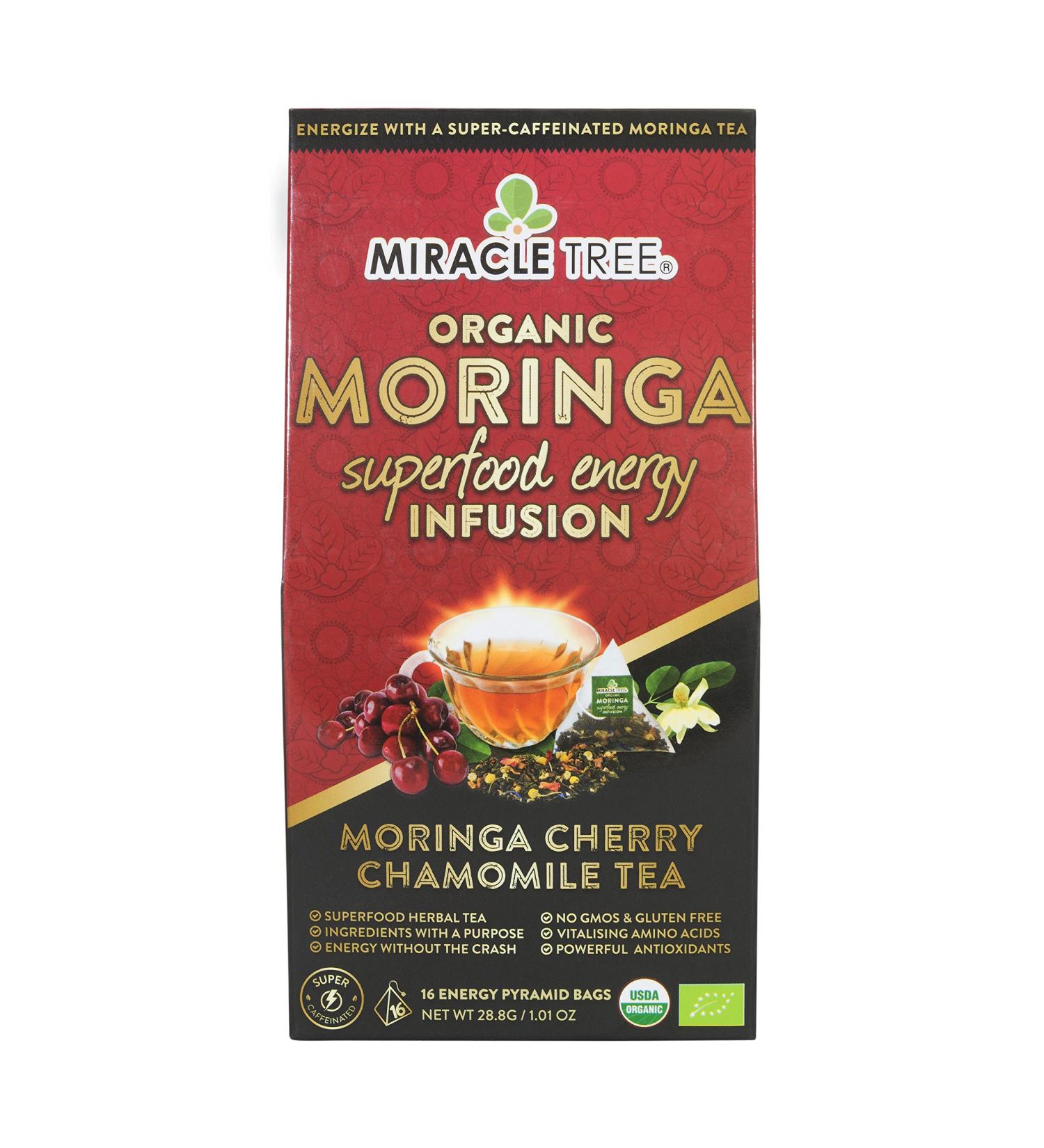 Miracle Tree Moringa Energy Tea - Cherry Chamomile | Organic, Caffeinated Coffee Alternative | 16 Pyramid Sachets - Buy Online on SooperMarket.com