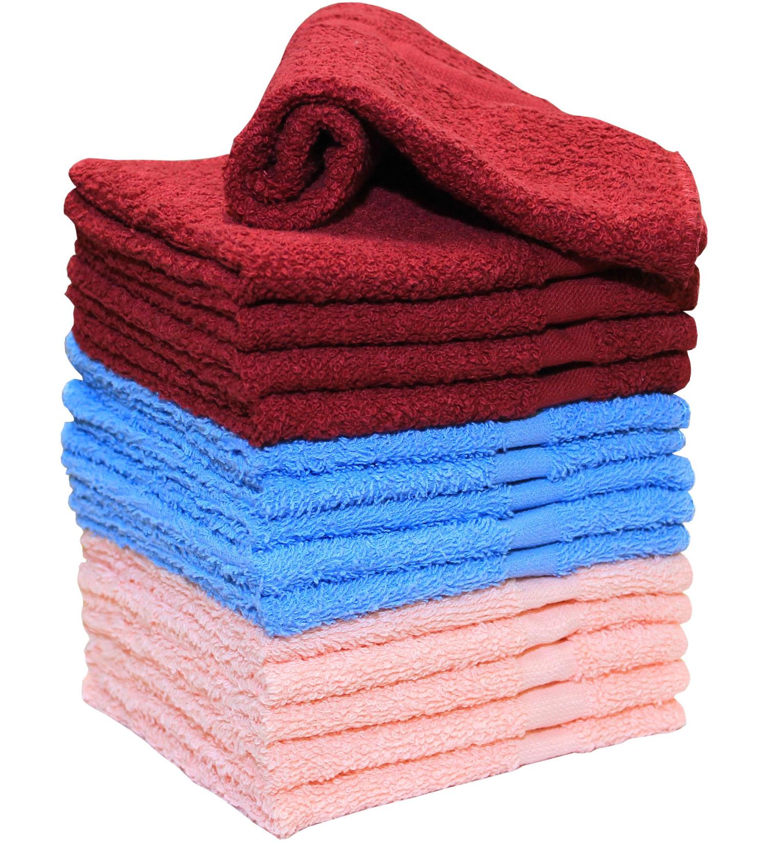 15 Pack Small Cotton Wash Cloths - Super Soft Towels in Burgundy, Blue, and Pink - Buy Online on SooperMarket.com