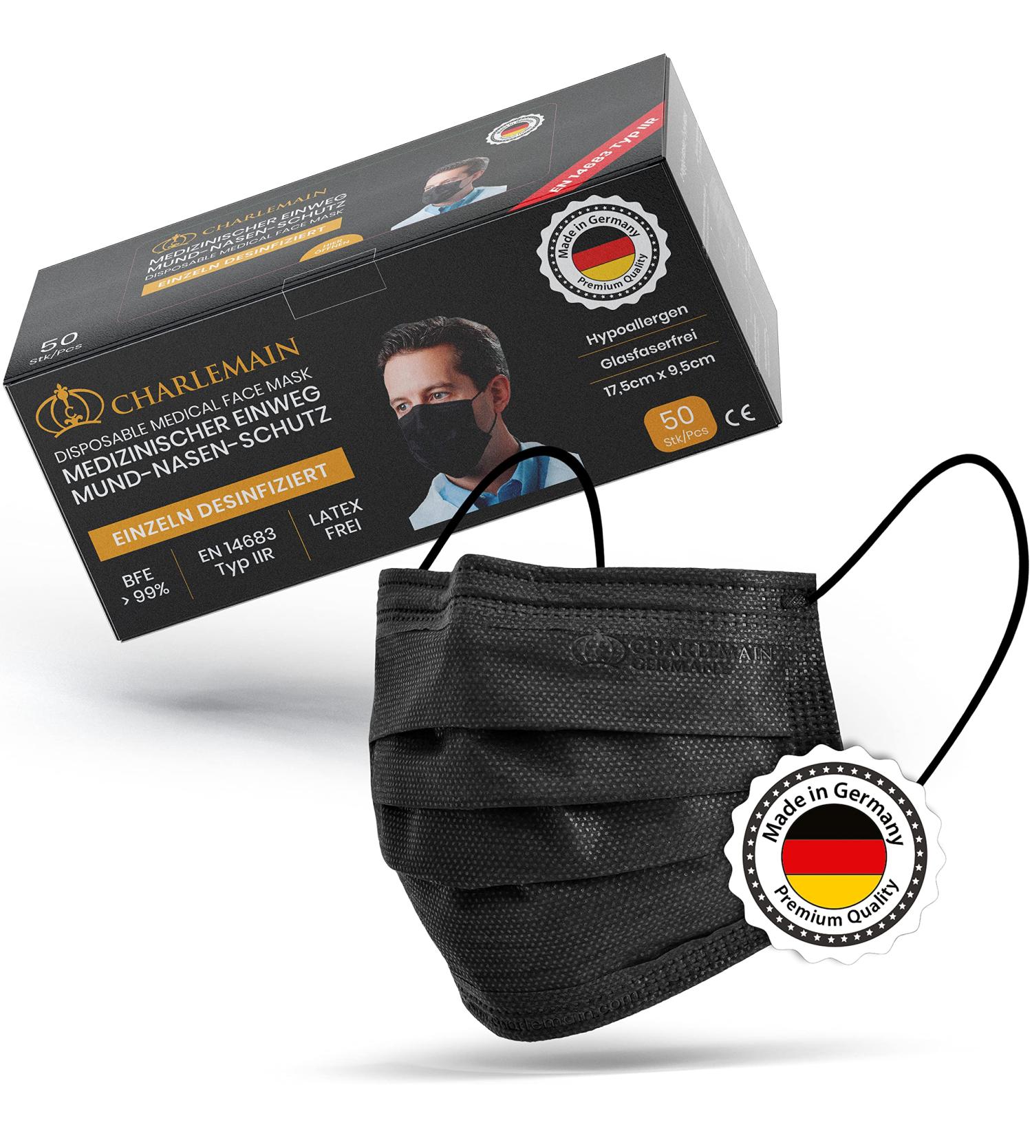 Buy Charlemain 50x Black Medical Masks - EN 14683 Type IIR BFE 99.9% Latex-Free 3-Layer Protection | International Shipping - Buy Online on SooperMarket.com