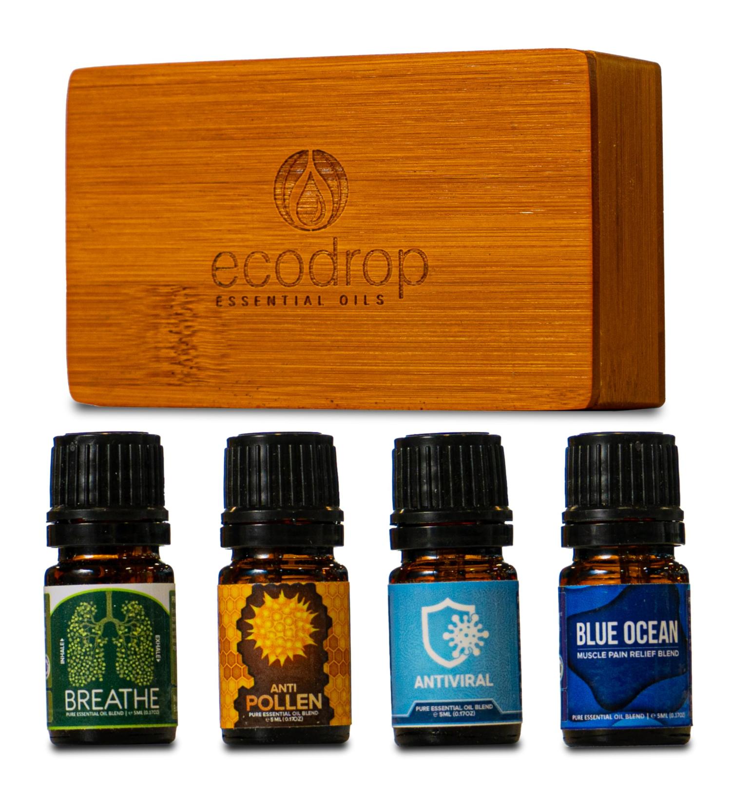 Ecodrop Wellness Oil Blend Collection - 4X 5ml Bottle Set | Natural & Organic Therapeutic Grade Aromatherapy Eucalyptus Lavender Tea Tree Lemon & Ravensara Essential Oil Blends Diffuser Gift Kit Wellness Blends - Buy Online on SooperMarket.com