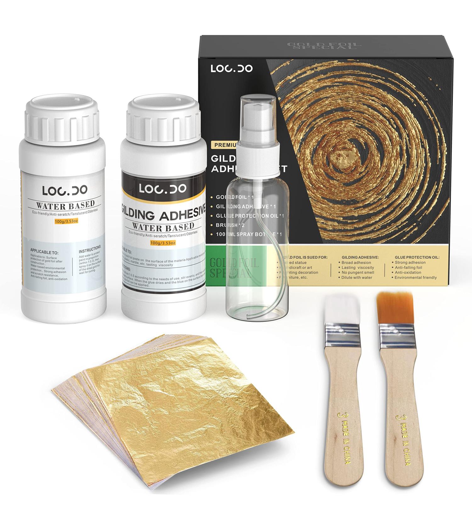Gold Leaf Gilding Adhesive Kit 200ml Set | Water-Based Adhesive & Varnish | 100pc Gold Leaf Sheets | Craft Supplies, Painting, Resin Art & Furniture - Buy Online on SooperMarket.com
