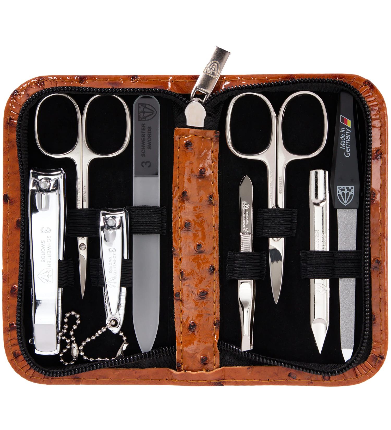 Buy Three Swords 8 pcs Manicure Set 'Roma' - High Quality Nail Care in Cognac Leather Case | Includes Scissors Clippers Tweezers & Glass Files - Buy Online on SooperMarket.com