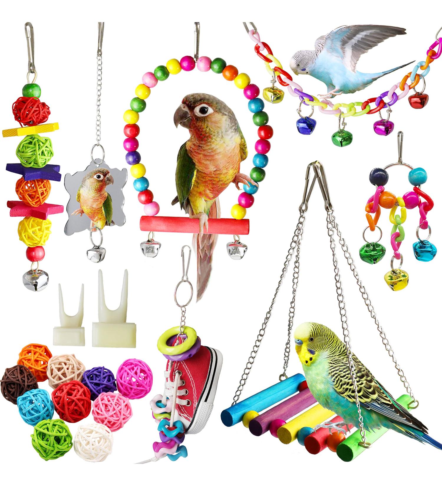 Bird Parakeet Cockatiel Toy Set - 19 Pcs Bird Cage Swing, Hammock, Chewing Toys & Wooden Perches for Conures, Love Birds, Finches, Budgies - Buy Online on SooperMarket.com