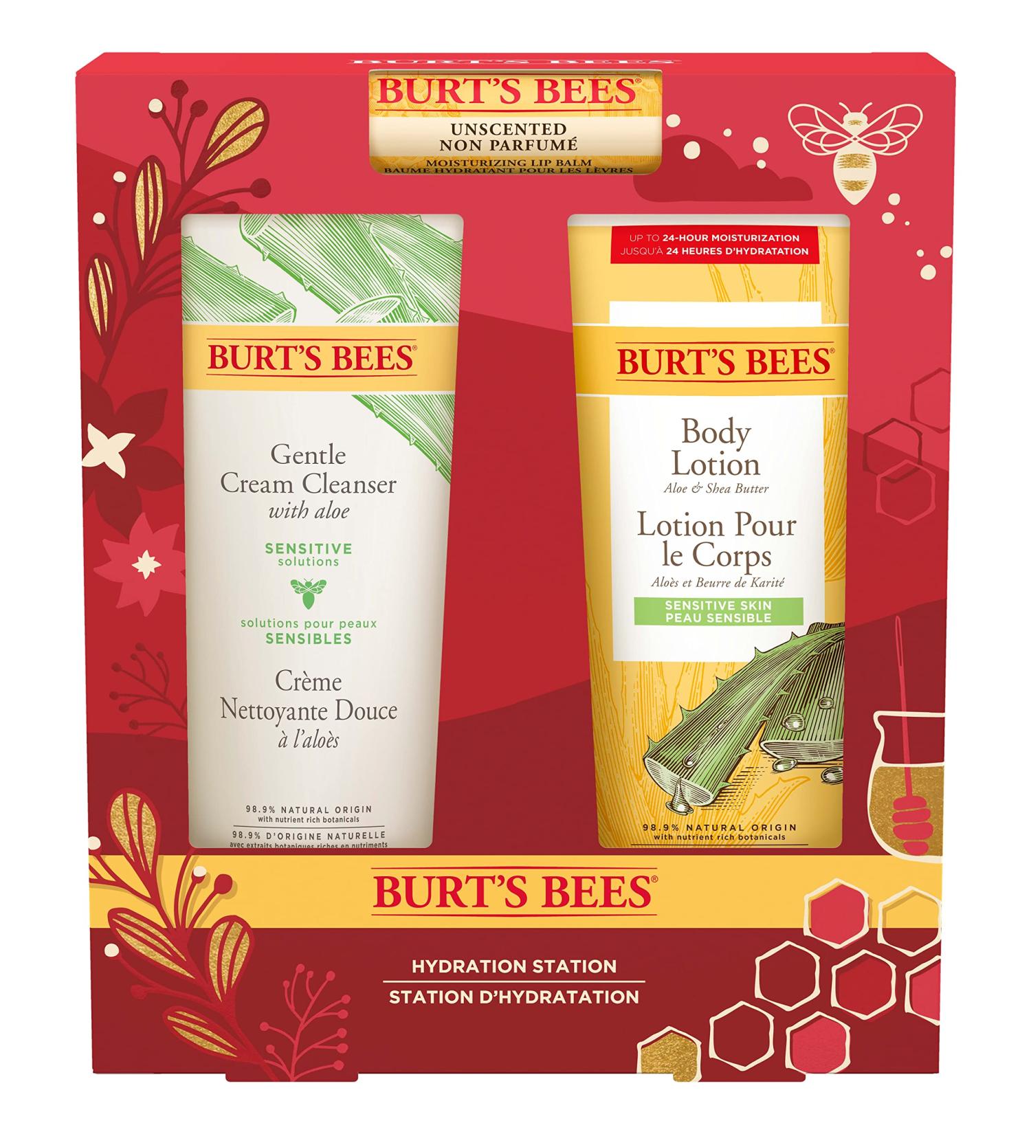 Burt's Bees Hydration Station Gift Set - 3 Body Care Stocking Stuffers with Unscented Lip Balm, Gentle Cream Cleanser, and Aloe Shea Butter Body Lotion | Christmas Gifts - Buy Online on SooperMarket.com