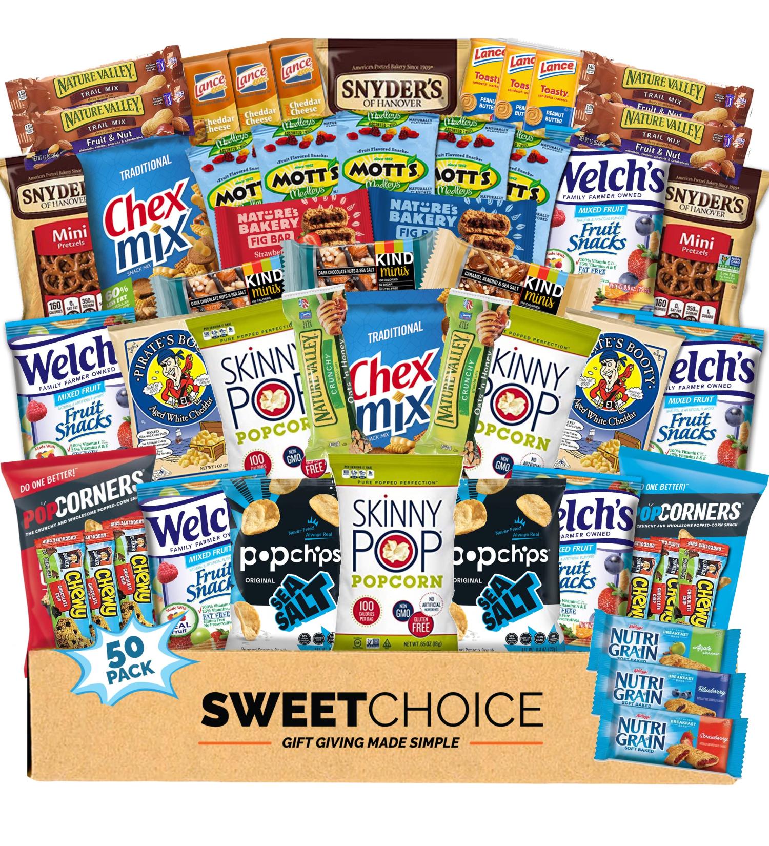 Healthy Snack Box Variety Pack (50 Count) - Gift Basket for College Students - Nutritious Bars, Chips, Candies - Birthday Treats for Adults, Kids, Teens - Perfect Care Package - Buy Online on SooperMarket.com