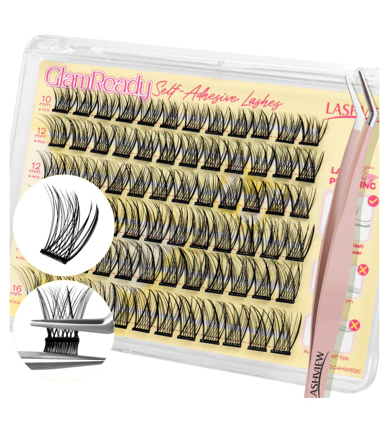 LASHVIEW Self Adhesive Lash Clusters - 60pcs DIY Eyelash Extension Kit | Press-on Lashes 10-16mm with Tweezers No Glue Needed for Natural Look - Buy Online on SooperMarket.com