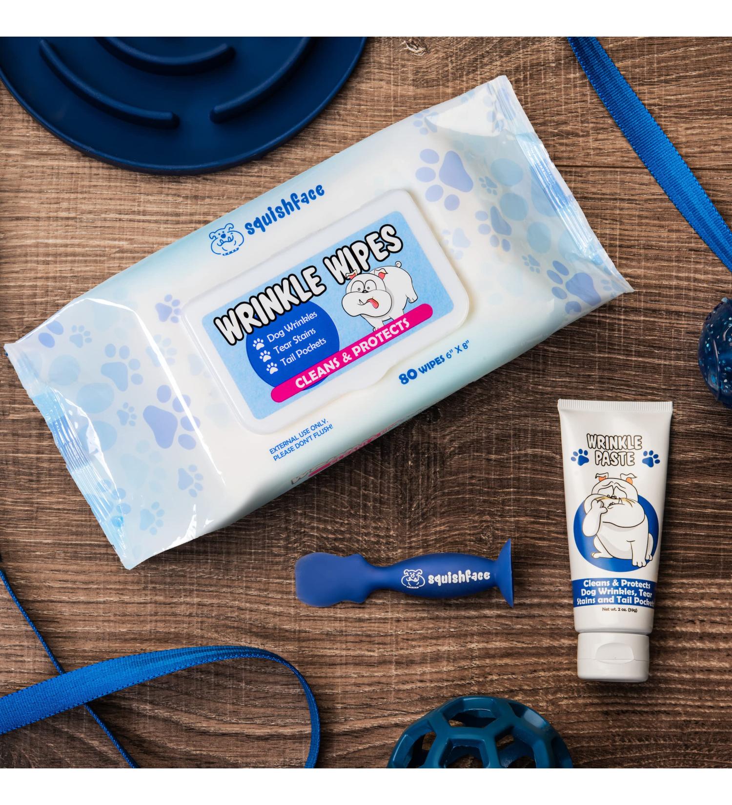Squishface Wrinkle Paste + Wrinkle Wipes Bundle with Silicone Applicator - Gentle & Effective Dog Face Cleaning Set for All Breeds - Buy Online on SooperMarket.com