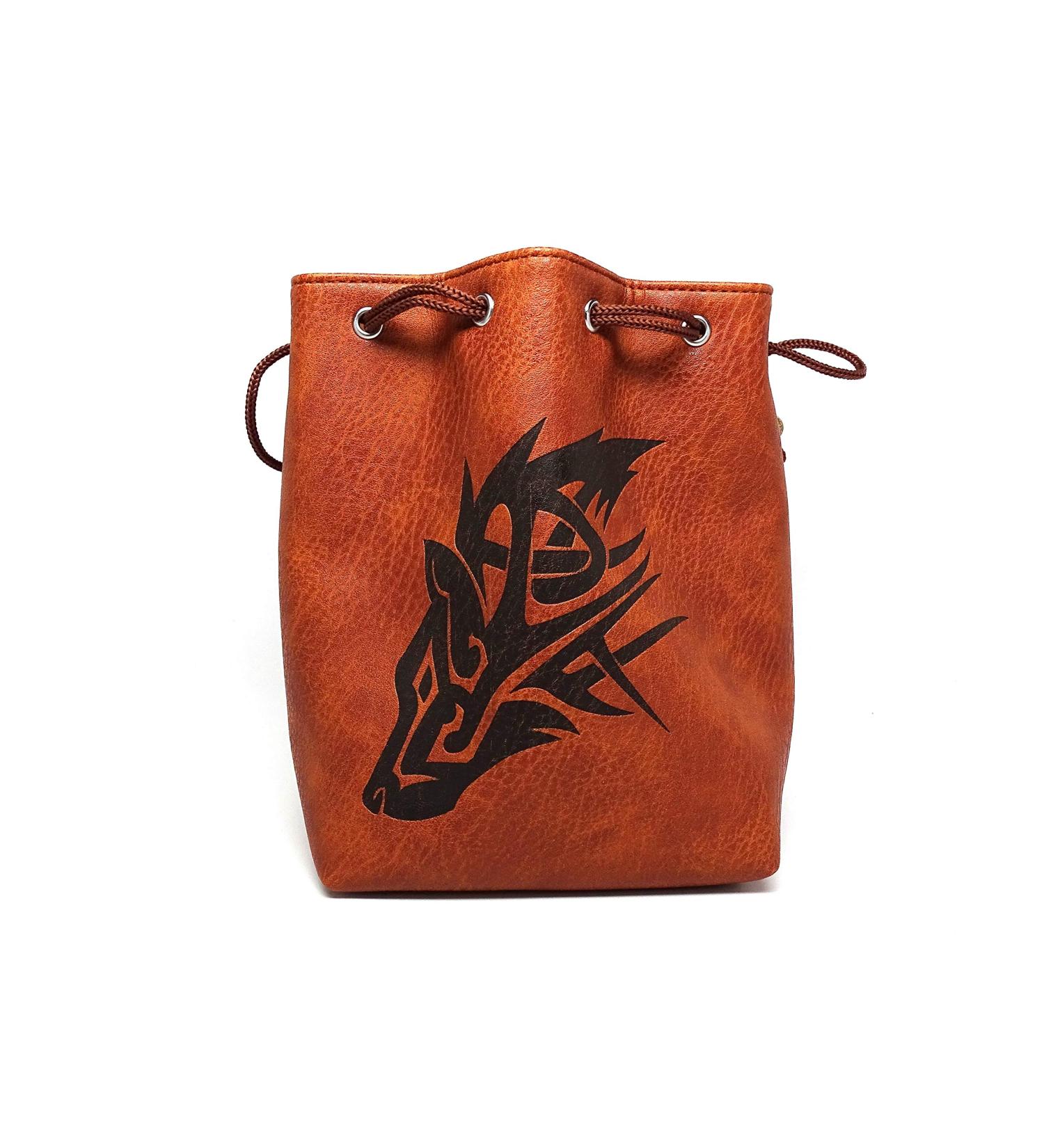 Brown Leather Lite Large Dice Bag with Wolf Design - Holds 400 16mm Polyhedral Dice - Stands Up, Faux Leather Exterior, Lined Interior - Buy Online on SooperMarket.com