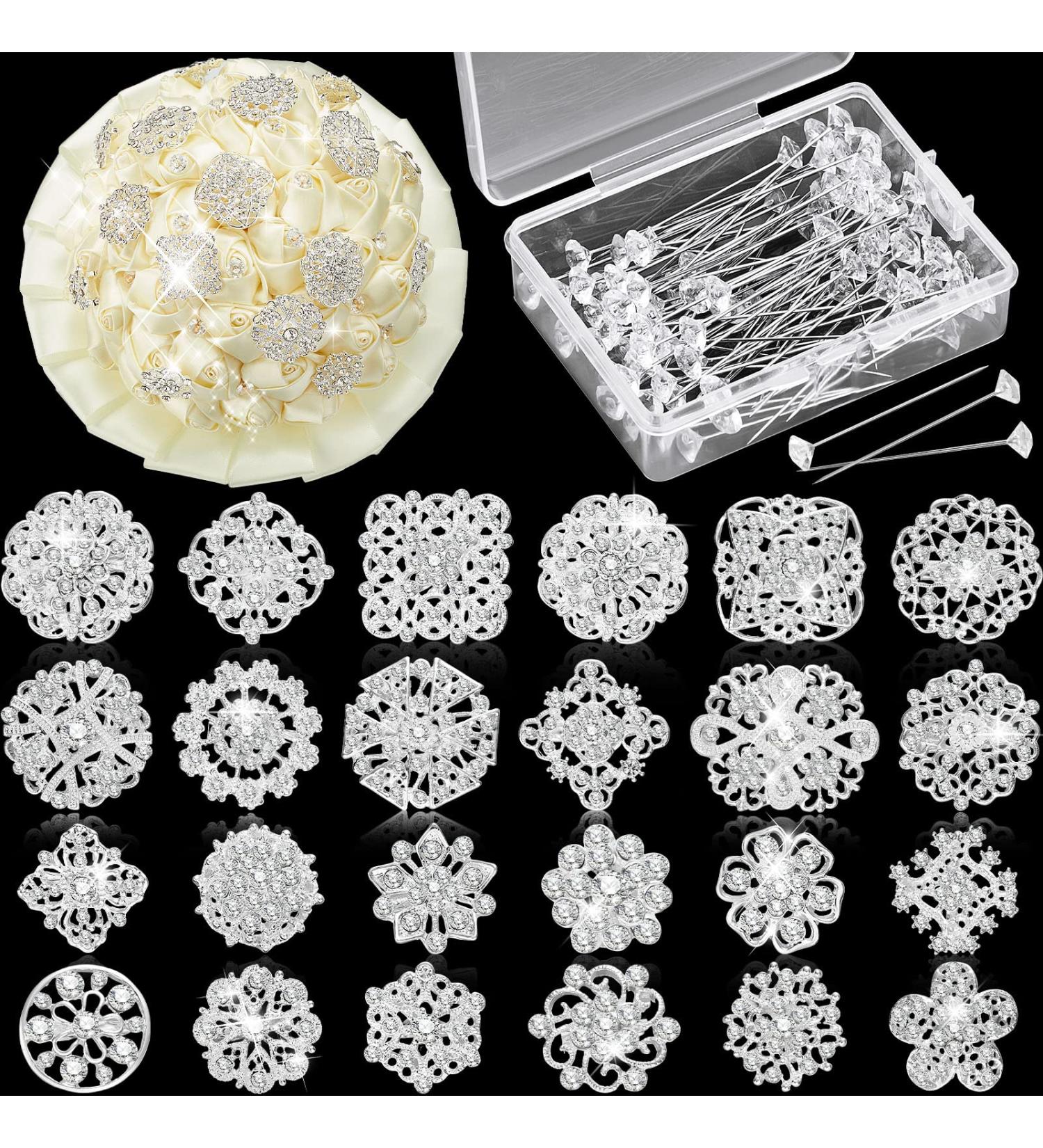 124 Pcs Rhinestone Flower Brooch Pins - Crystal Corsage & Boutonniere Diamond Pins in Silver for Crafting and Wedding Decor - Buy Online on SooperMarket.com