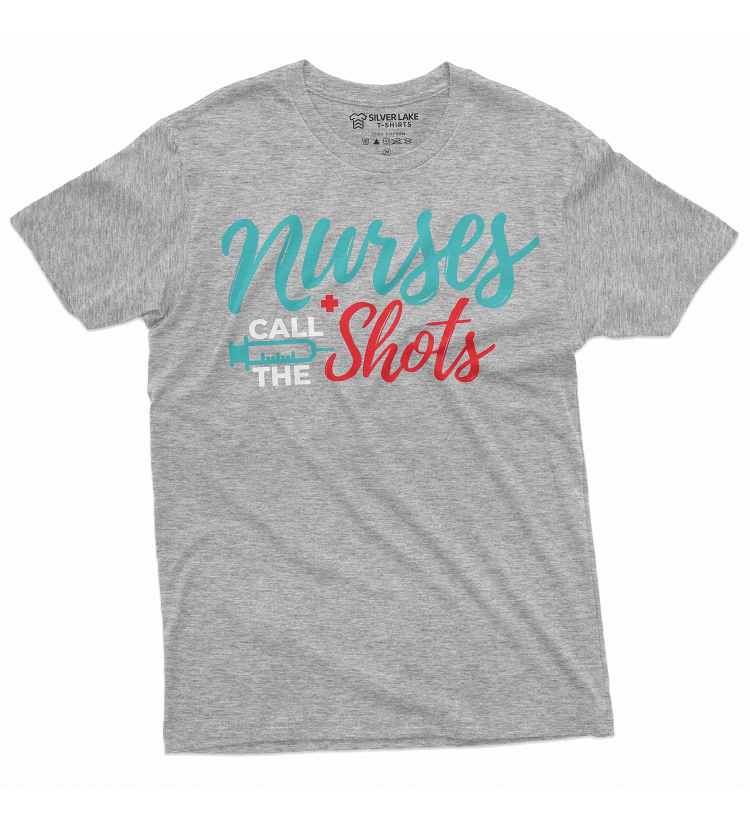 Funny Nurses Day T-Shirt | 'Nurses Call The Shots' Syringe Tee for RN & CNA | Large Grey Medical Worker Shirt - Buy Online on SooperMarket.com