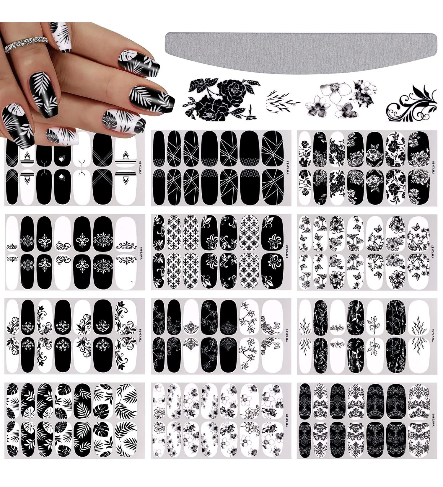 EBANKU Black White Nail Polish Strips - 12 Sheets Full Wrap Adhesive Stickers with Nail File - Leaves Flower Vine Pattern for Women's Nail Art Decorations - Buy Online on SooperMarket.com