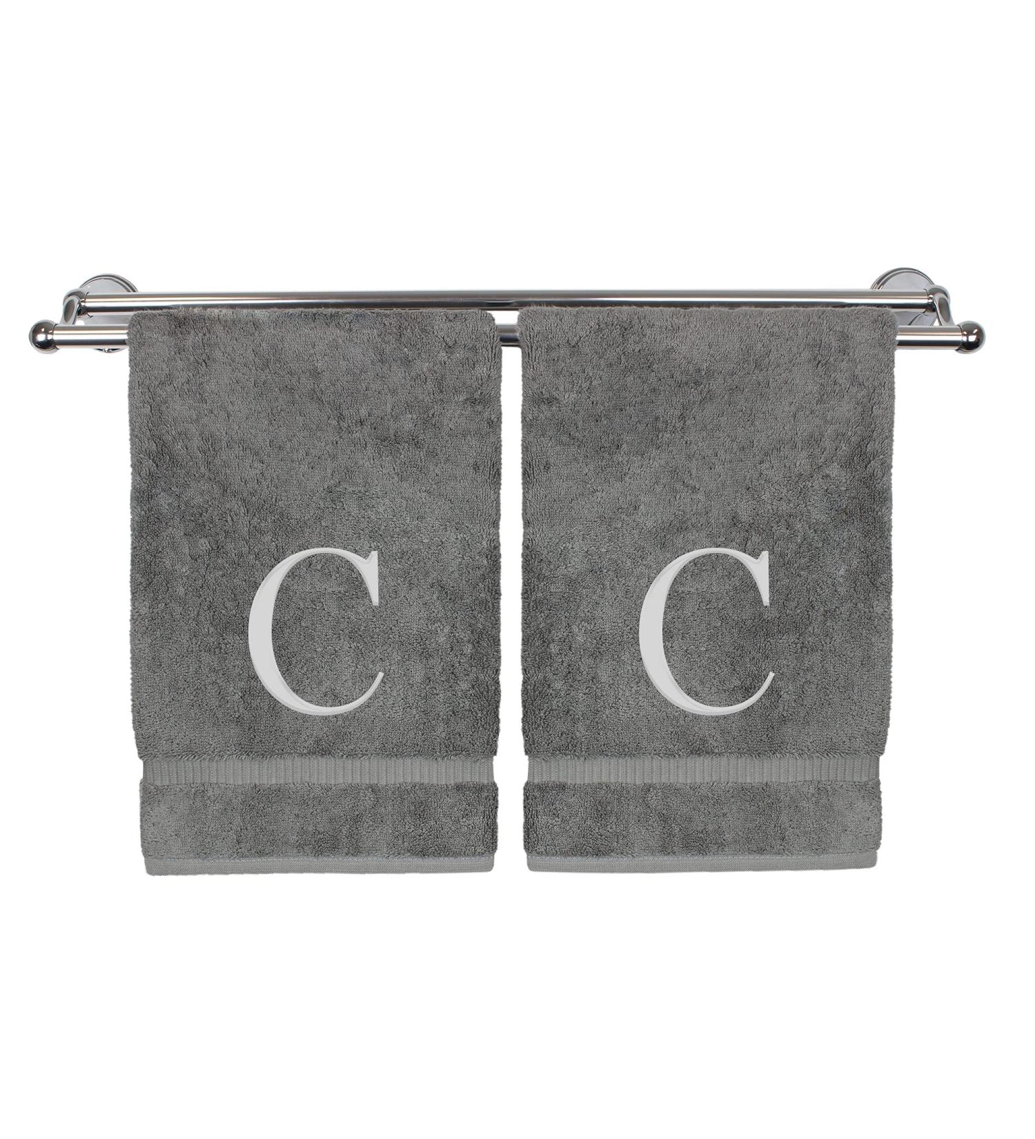 Monogrammed Hand Towel, Personalized Gift, Set of 2- Silver Block Letter Embroidered Towel - Extra Absorbent 100% Turkish Cotton - Soft Terry Finish - Initial C Gray Initial C Gray & Silver