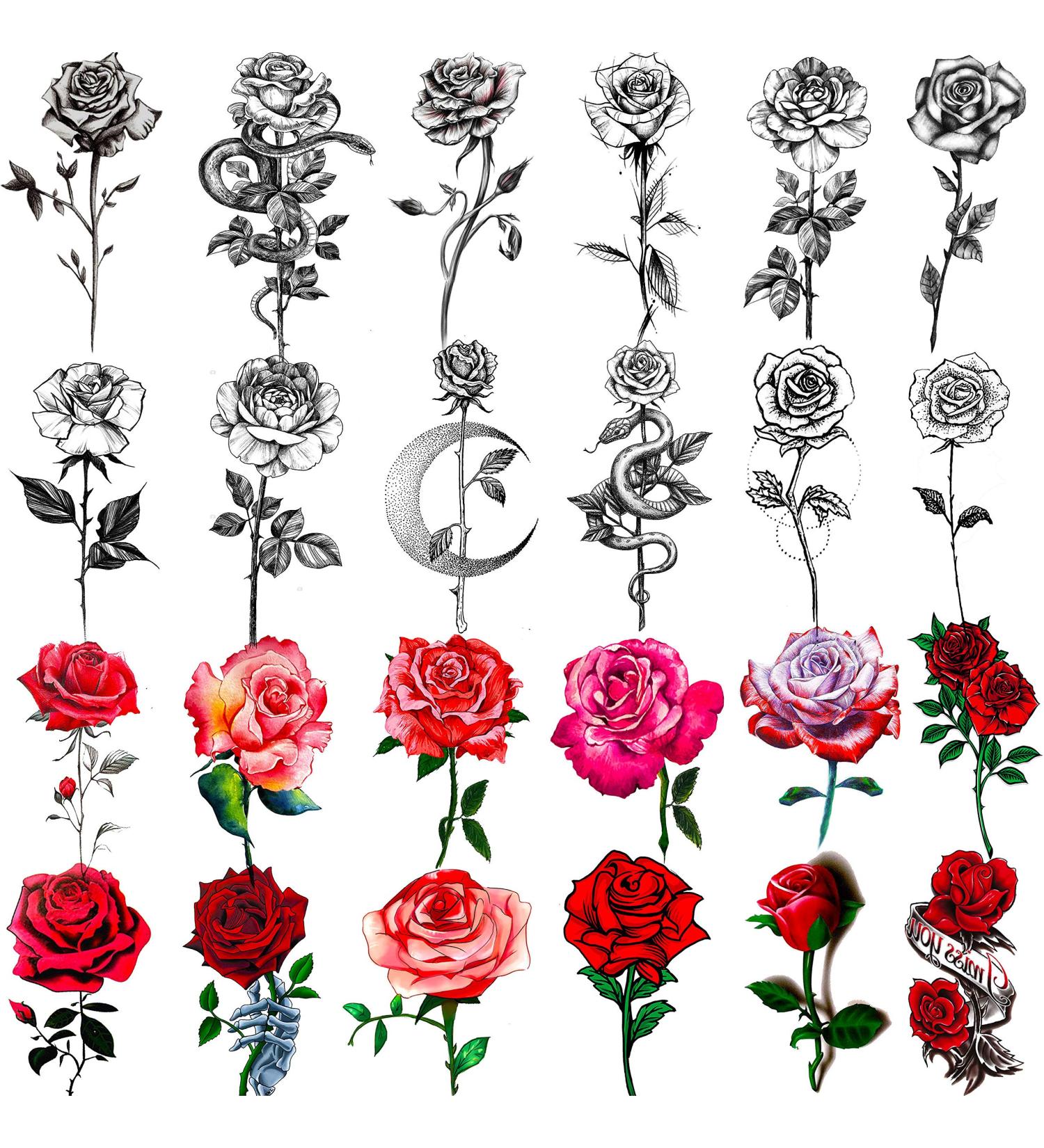 Black Sketch Rose & Snake Temporary Tattoos for Women - Waterproof Sexy Red Rose & Crescent Moon Tattoo Sticker Kit - Buy Online on SooperMarket.com
