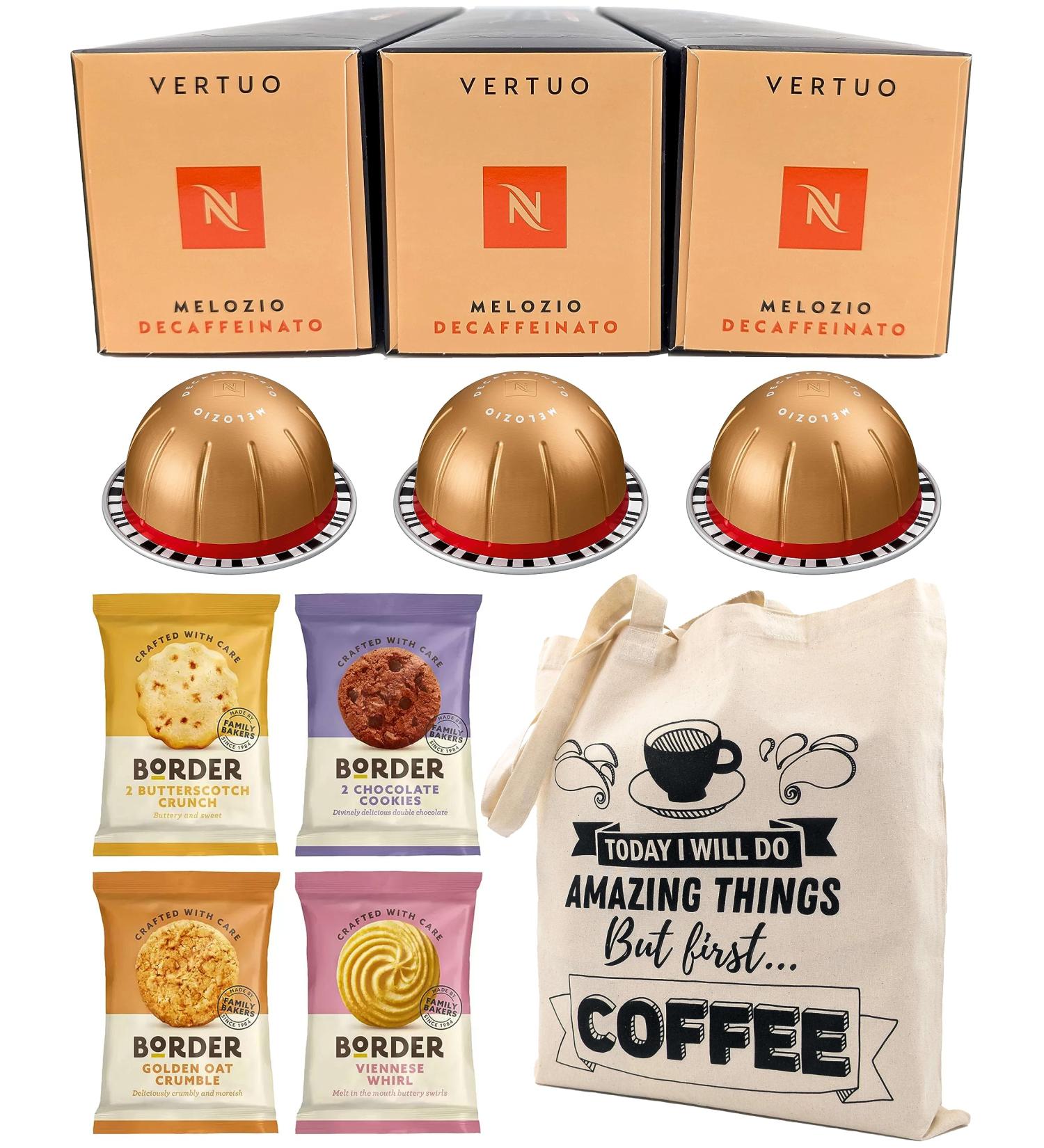 Nespresso Vertuo Melozio Decaffeinato Coffee Capsules - 3 Boxes (30 Pods) Bundled with Border Biscuits Selection & Giftable Tote Bag - Buy Online on SooperMarket.com