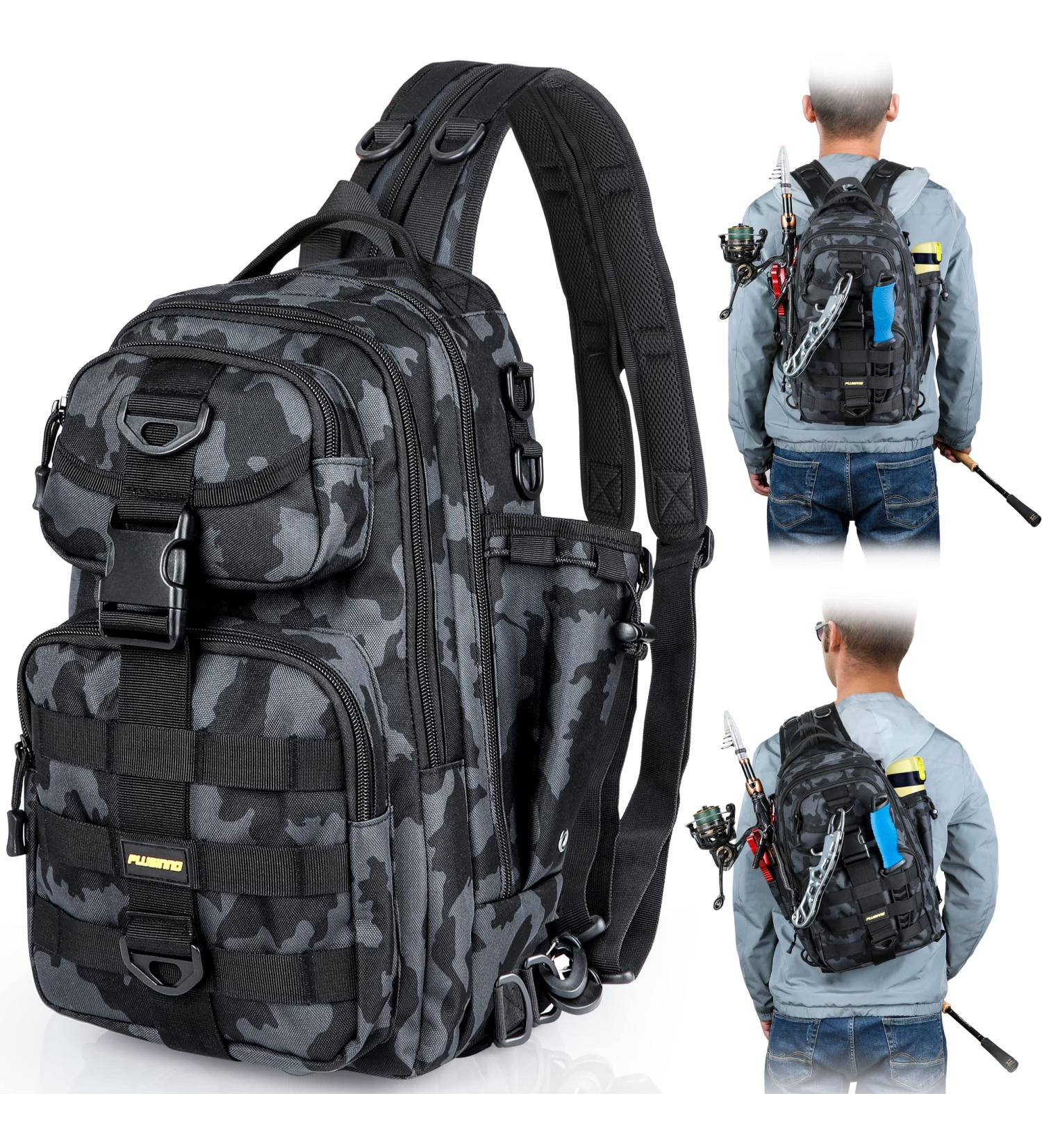 PLUSINNO Fishing Backpack Tackle Bag with Rod Holder - Water-Resistant, Ideal Fishing Gifts for Men - Large Black Camo (16.5*10.5*5.5inch) - Buy Online on SooperMarket.com