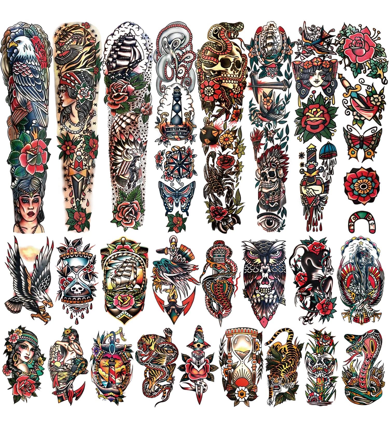 Classic Sailor Jerry Style Temporary Tattoo Sleeves - 55 Old School Stickers for Adults, Kids, Men, Women - American Traditional Flower Design - Buy Online on SooperMarket.com
